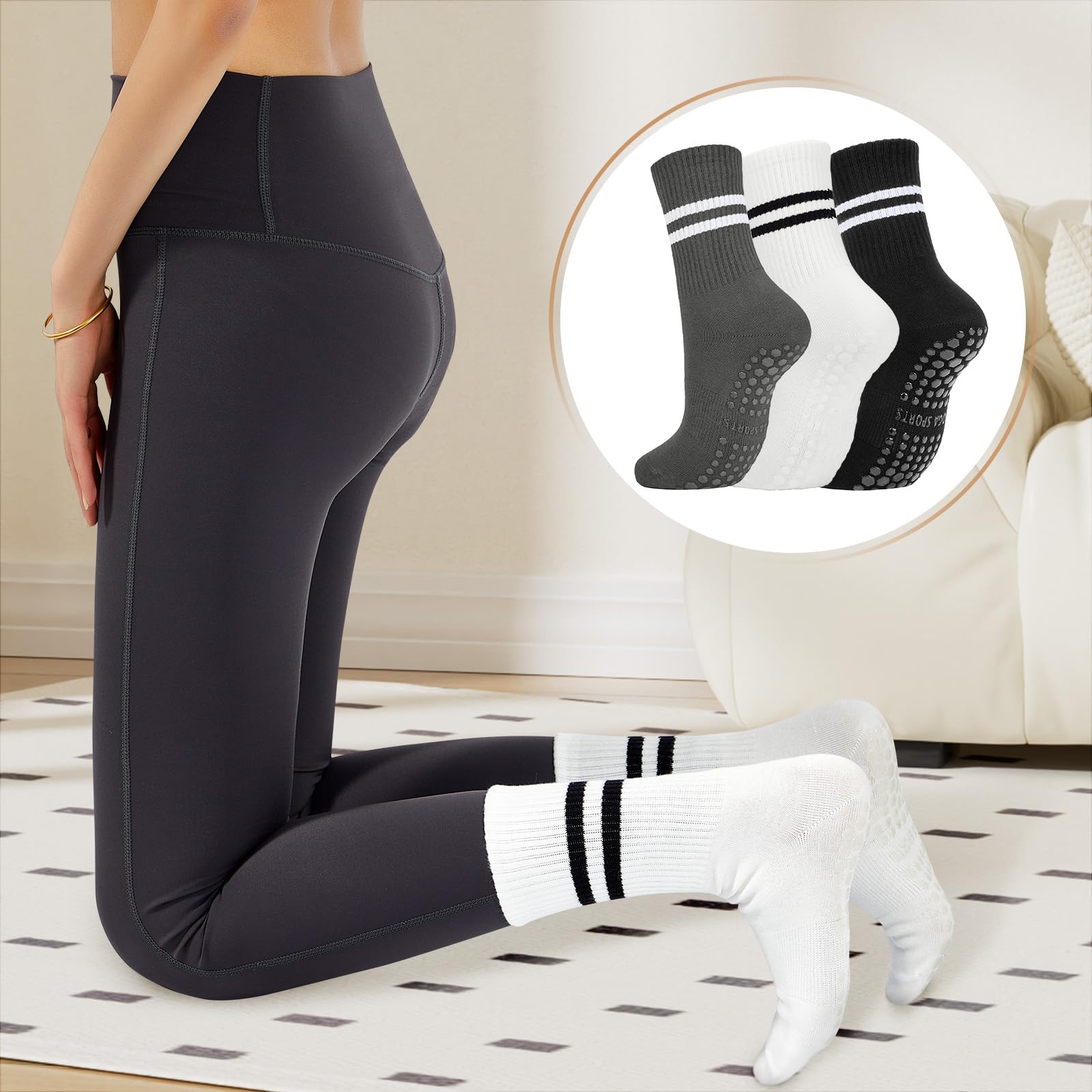 Non-Slip Yoga Socks for Women - Long Pilates & Ballet Socks with Grip - Perfect for Home Workout, Gym, Dance and Sports Activities