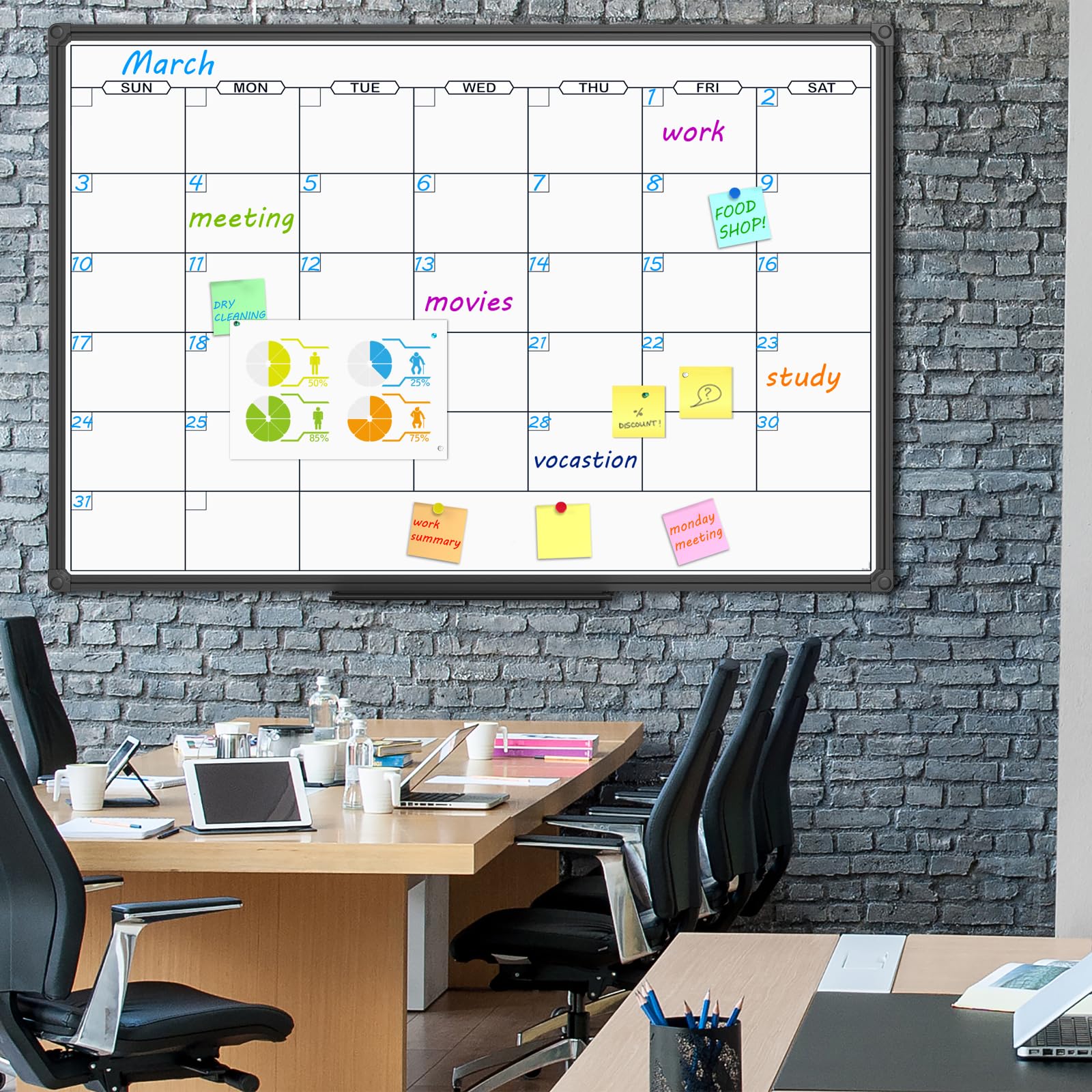 Magnetic Dry Erase Calendar Whiteboard - 48x36 Inch Monthly Planner with Black Aluminum Frame | Wall Mounted Office, Home & School Whiteboard for Scheduling, Planning & Organization