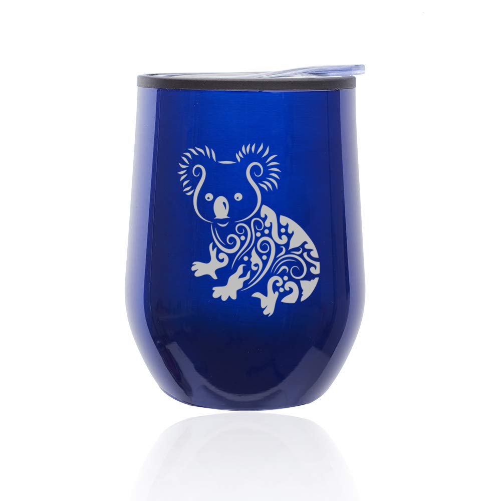 Stemless Wine Tumbler with Lid - Insulated Coffee Travel Mug Glass - Cute Koala Bear Design (Blue) - Perfect for Hot/Cold Drinks, Office, Picnics & Gifts