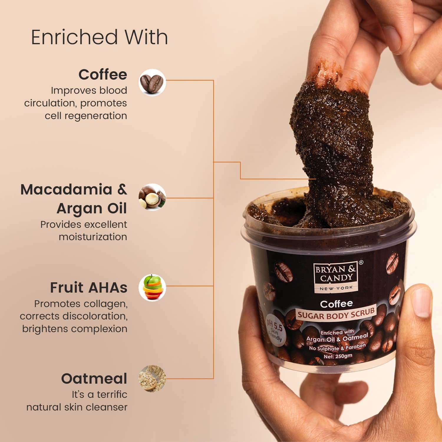 Bryan & Candy Coffee Sugar Body Scrub PH 5.5 - Exfoliating & Tan Removal for Women & Men | Enriched with Coffee, Macadamia & Argan Oil | Deep Cleansing for Neck, Knees, Elbows & Arms | 250g | Perfect for Post-Workout, Pre-Tanning & Spa Day Skincare Routine