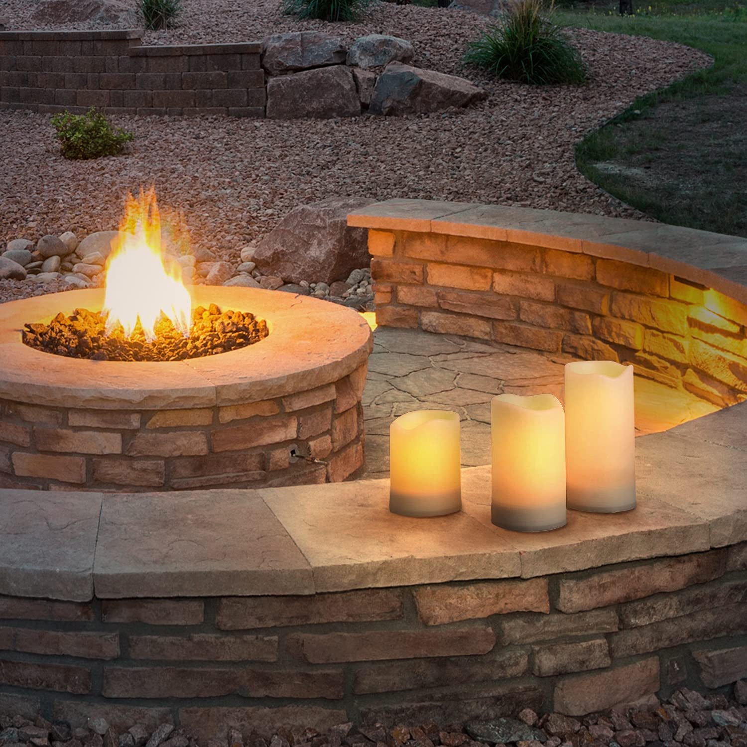 Outdoor Solar Candles 3 Pack - Waterproof Flameless LED Pillar Candles with Flickering Light & Dusk to Dawn Timer - Perfect for Patio, Garden, Yard, and Poolside Decor - Rechargeable Batteries Included