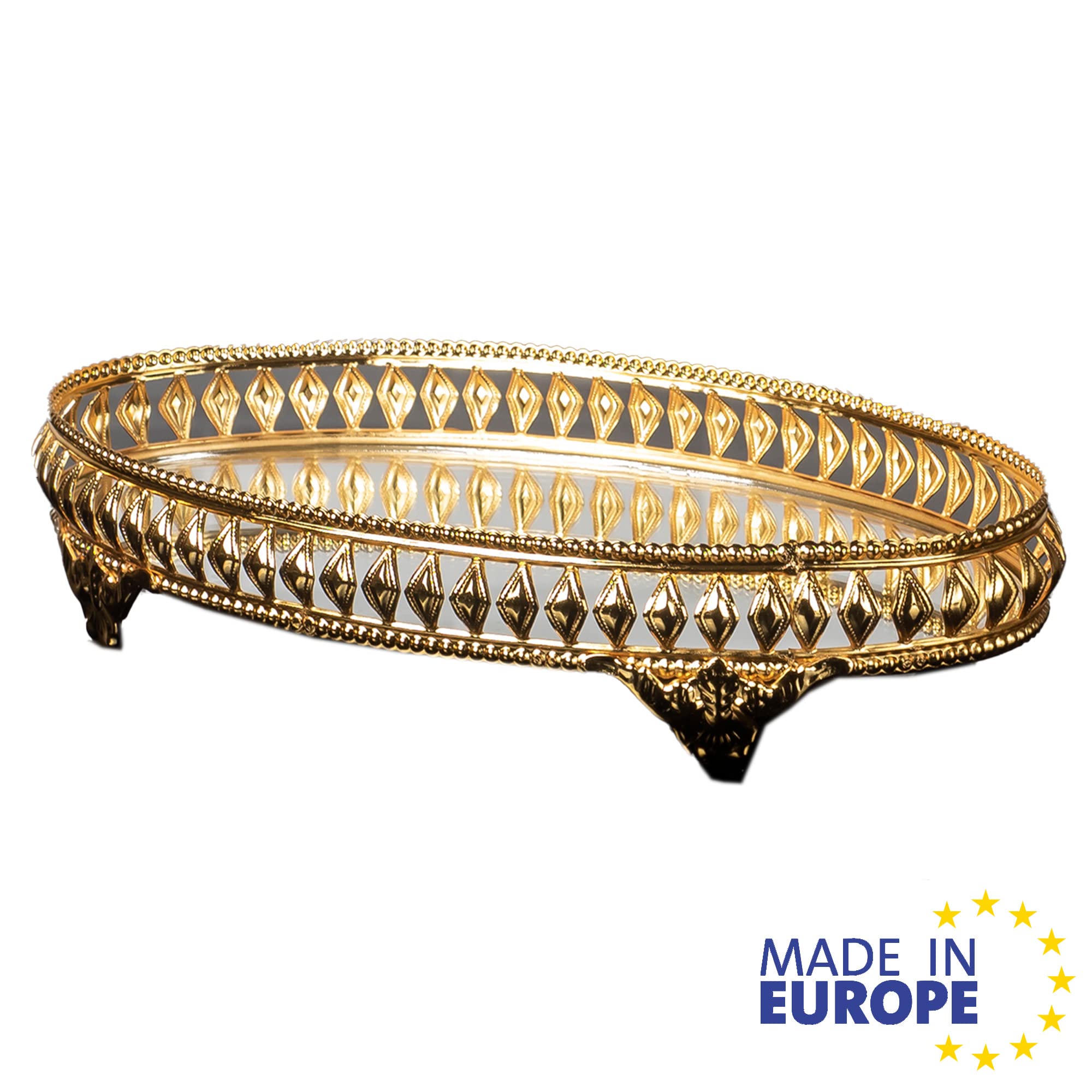 Handmade Filigree Jewelry Tray with Mirror - Gold Oval Vanity Tray for Dressing Table, Perfume Organizer & Decorative Gift - Perfect for Bedroom Decor, Jewelry Display and Luxury Home Accessories