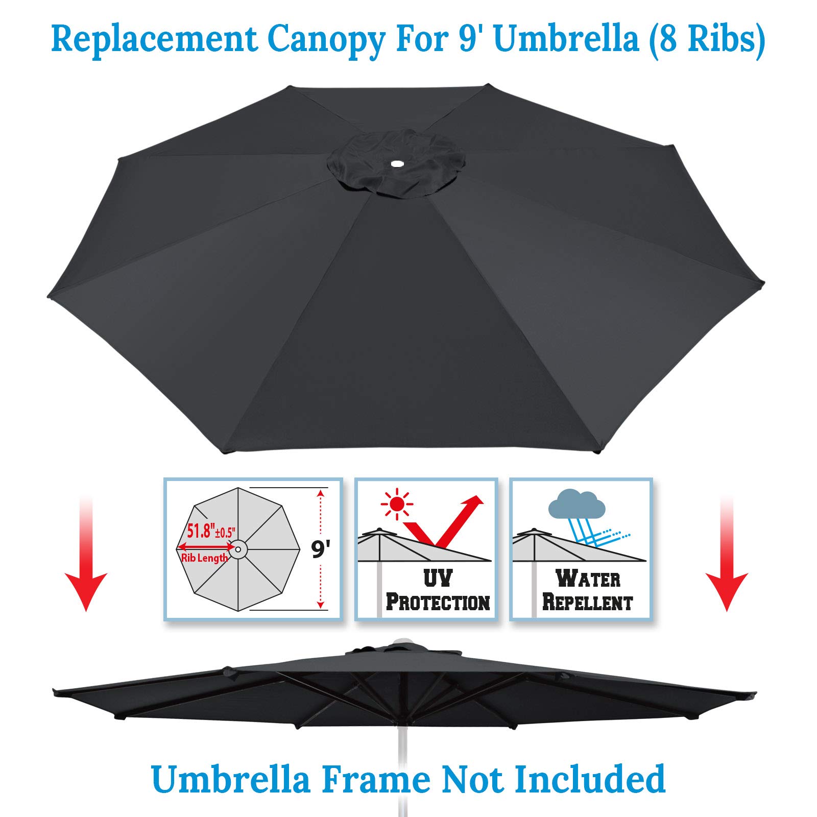 BenefitUSA 9ft 8-Rib Patio Umbrella Replacement Canopy Cover - Durable Outdoor Shade Top in Black - Perfect for Backyard, Poolside & Garden Protection