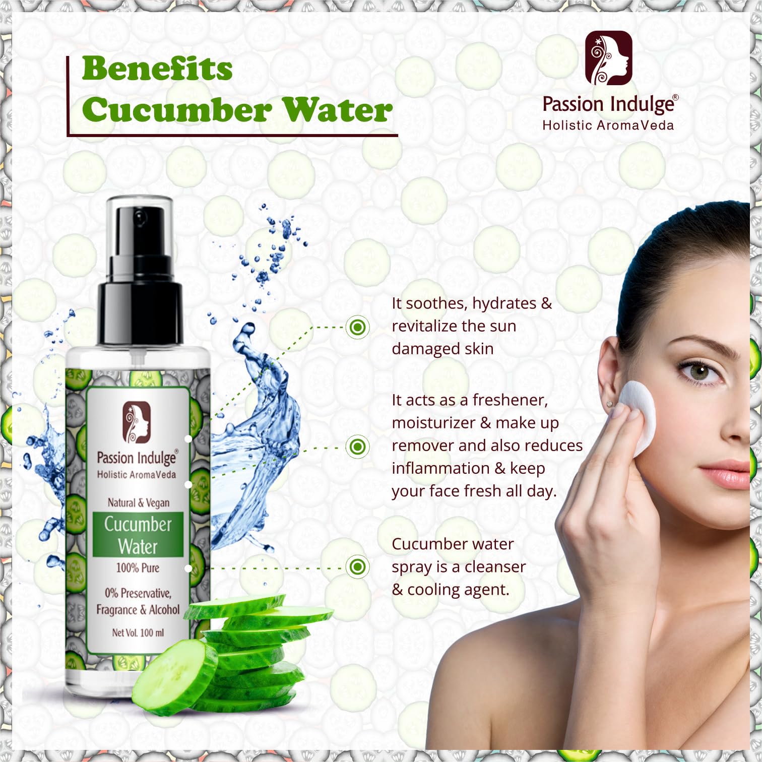 Passion Indulge Cucumber Water Skin Toner & Makeup Remover 100ml | Acne Treatment, Reduces Skin Inflammation | Suitable for All Skin Types | Buy 1 Get 1 Free | Hydrating & Soothing for Daily Skincare Routine