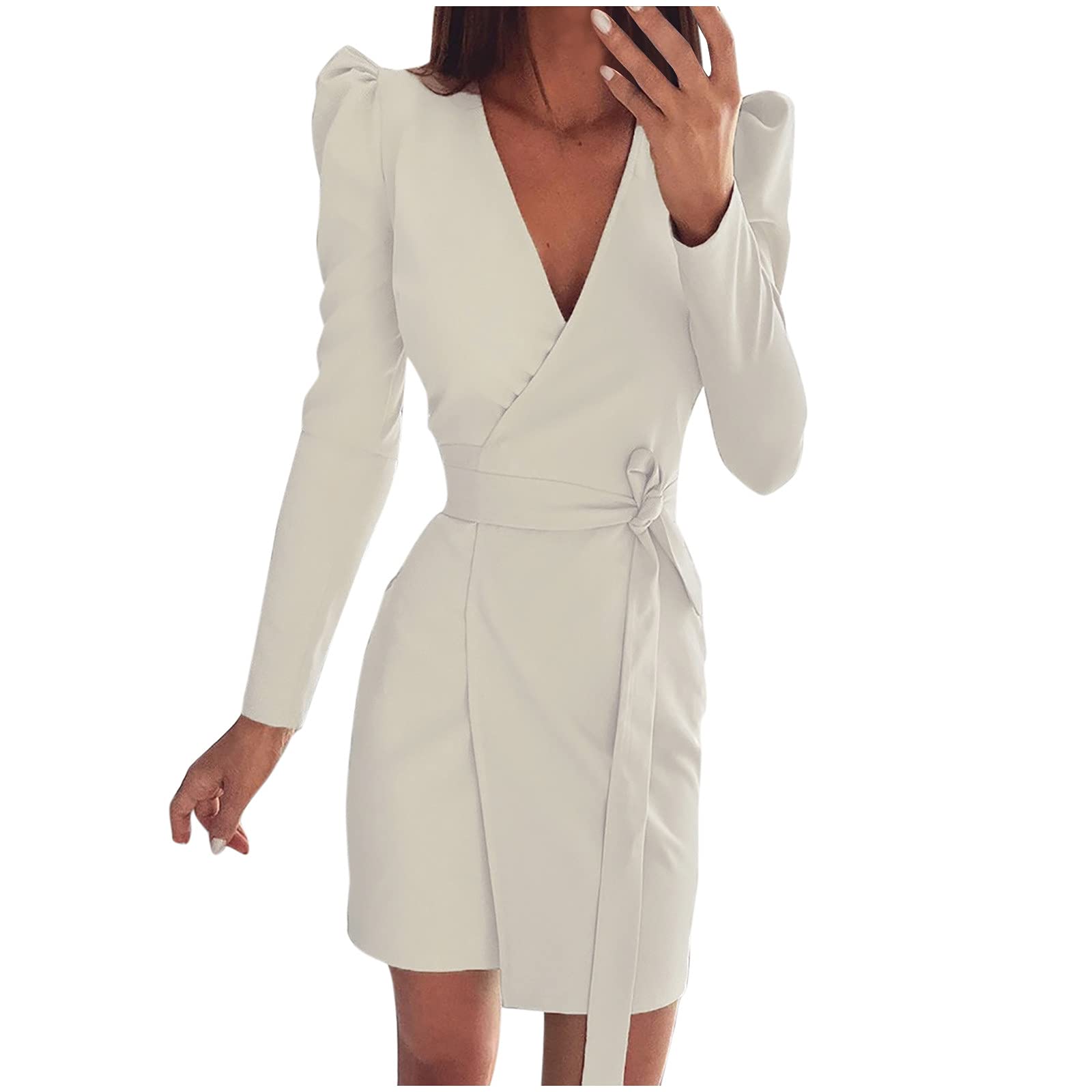 Sexy V-Neck Wrap Mini Dress for Women - Long Sleeve Pencil Work Dress, Elegant Business & Cocktail Party Dress - Perfect for Office, Night Out, Date Night & Special Occasions