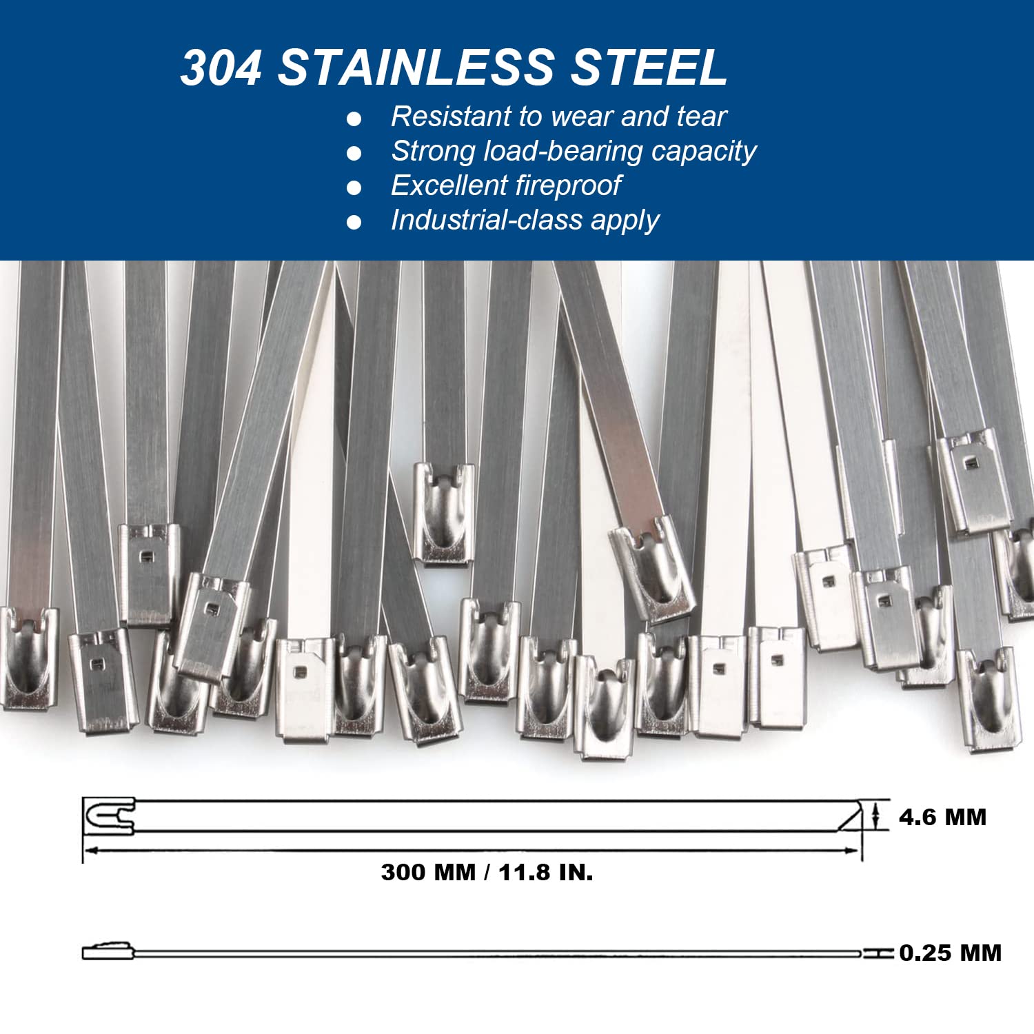 Heavy Duty 304 Stainless Steel Zip Ties 12 Inch - 200 lbs Tensile Strength Self-Locking Cable Ties (100 Pcs) - Perfect for Outdoor, Industrial, and Electrical Wiring Applications