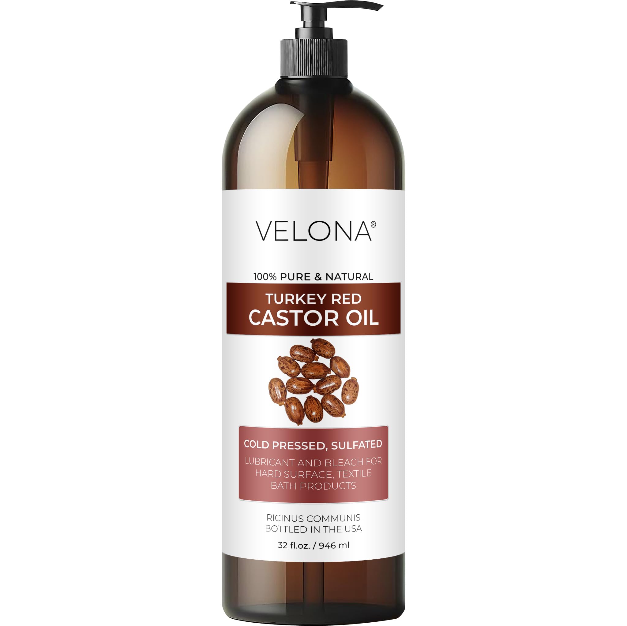 Velona Castor Oil Turkey Red 32 fl oz | 100% Pure Natural Cold Pressed Carrier Oil for Hair Growth, Skin & Body Care | Promotes Thicker Eyelashes & Eyebrows | Perfect for DIY Beauty Recipes & Massage Therapy