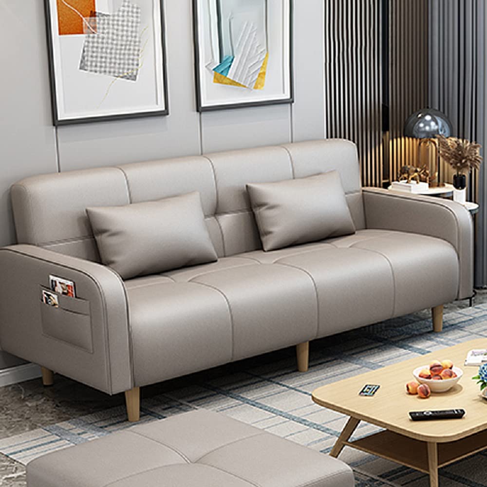 Modern Square Arm Standard Sofa Bed - Convertible Dual Purpose Sofa with Bolster Pillows for Living Room, Off-White Faux Leather (29.5