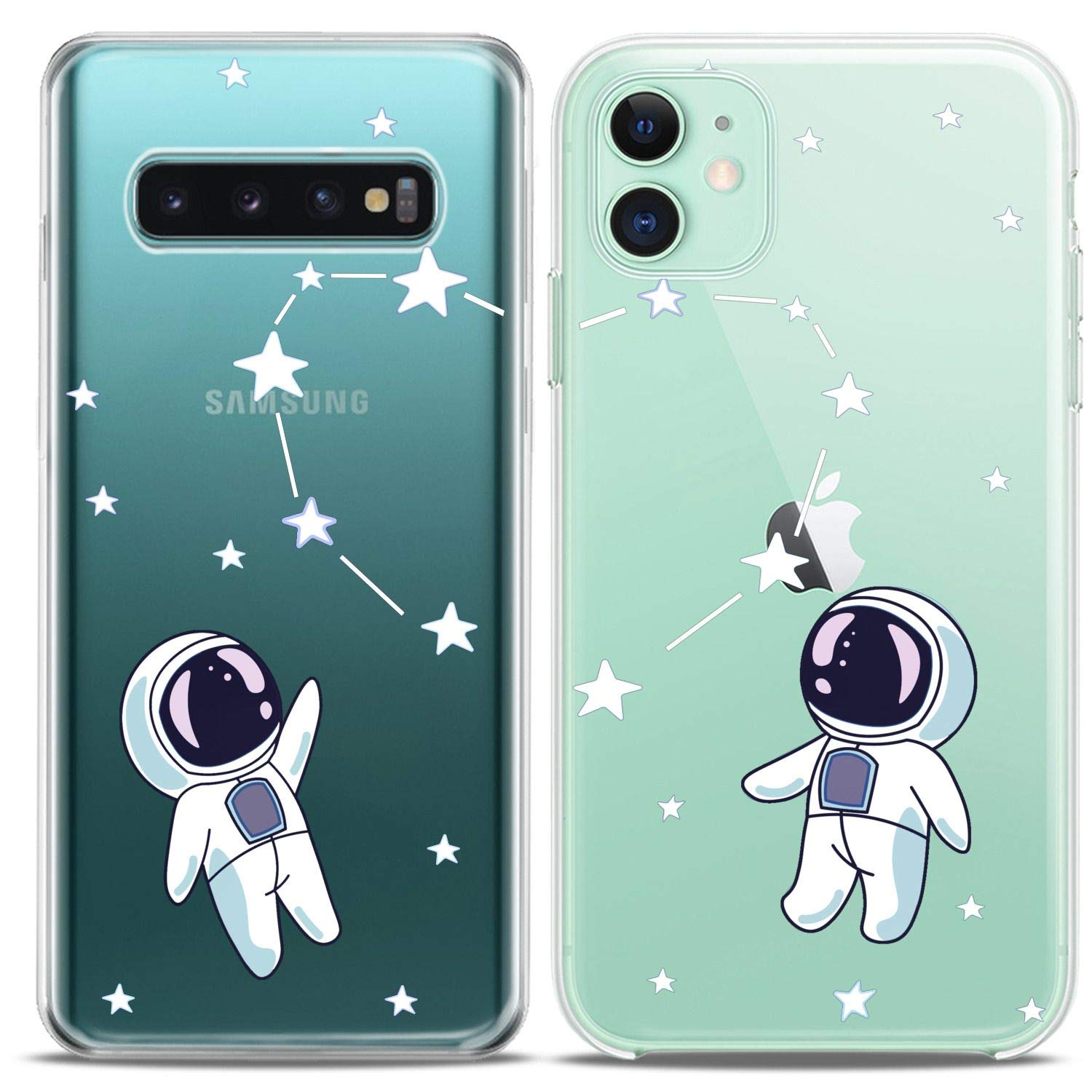 Matching Couple Phone Cases for iPhone 16/15/14/13/12/11 Pro Max/Mini/Xs/X/8 Plus/7/Xr/SE - Cute Astronaut & Constellation Print Slim Flexible Clear Cover - Perfect for Couples, Friends & Space Lovers (Gift Idea for Anniversary, Valentine's Day)