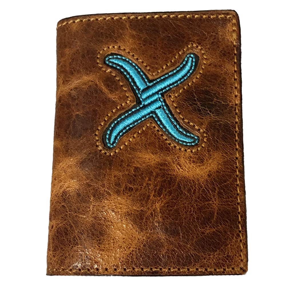 Twisted X Distressed Leather Wallet with Turquoise X - Genuine Leather Trifold Wallet for Men - Perfect for Everyday Carry, Travel & Gifts