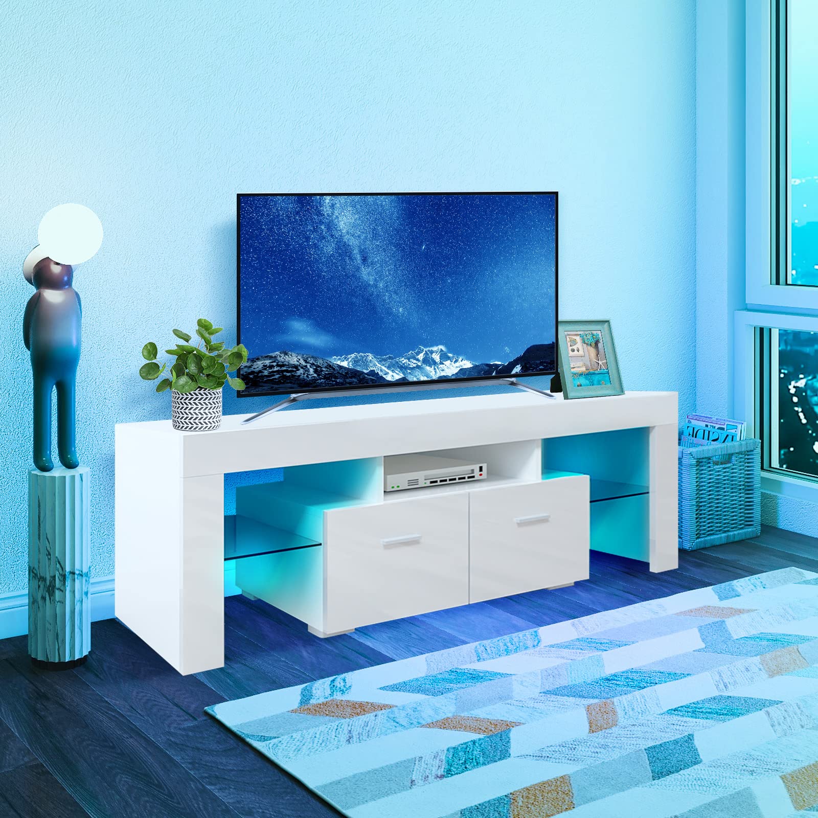 BNSPLY 55 Inch TV Stand with LED Lights - Modern Smart TV Cabinet for Living Room, High Gloss White Entertainment Center with Storage Shelves & 2 Drawers - Perfect for Home Theater, Gaming Setup & Living Room Decor