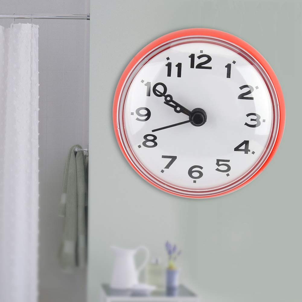 Waterproof Suction Cup Wall Clock - Round Arabic Digital Dial for Bathroom & Kitchen (Red)
