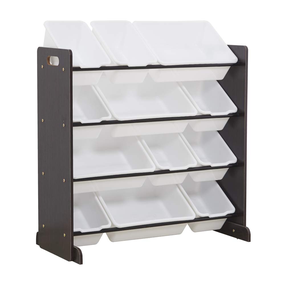MengK 12-Bin Kids Toy Storage Organizer - Plastic Toy Organizer with Baskets for Playroom, Nursery & Bedroom Organization (Espresso/White) - Perfect for Storing Toys, Books & Arts Supplies