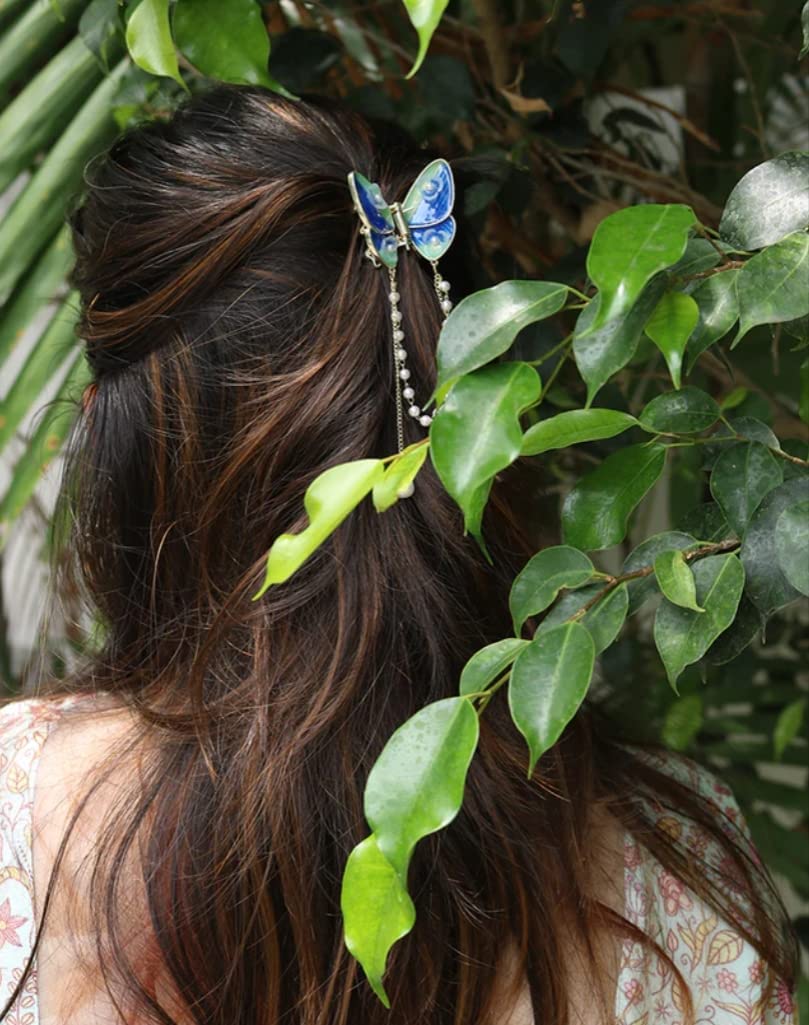 PLUCKET® Rhinestone Butterfly Hair Clips with Pearl Tassel - Small Hair Claw Barrettes for Women & Girls - Blue Hair Accessories for Parties, Weddings & Everyday Styling