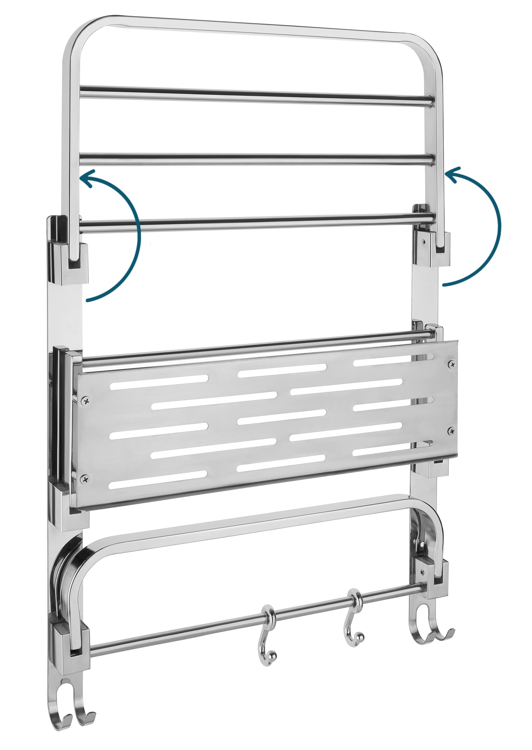 Plantex 3-Tier Chrome Folding Bathroom Wall Shelf - 304 Stainless Steel Bathroom Organizer with Hooks & Towel Rod - Space Saving Storage for Towels, Toiletries & Shower Essentials - Perfect for Small Bathrooms, Apartments & RVs