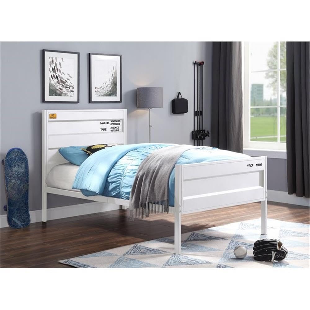BOWERY HILL Modern Industrial Metal Twin Bed Frame with Headboard & Footboard - White Finish for Kids Room, Guest Bedroom & Small Spaces