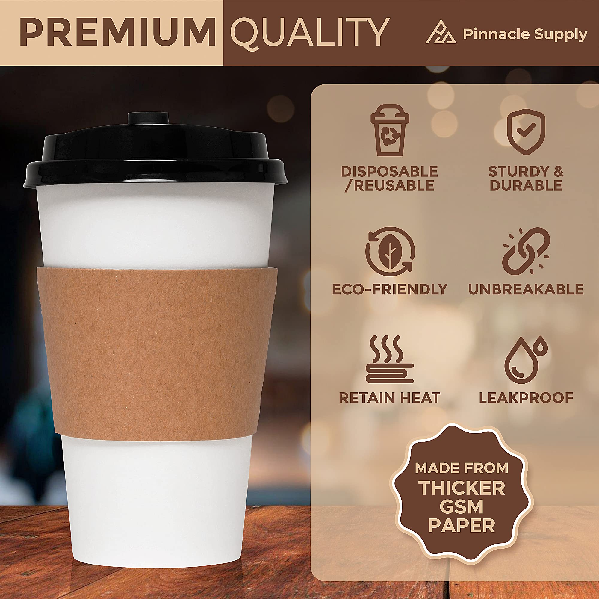 150 Pack 16oz Disposable Coffee Cups with Lids & Sleeves - Bulk Insulated Hot Paper Cups for Coffee, Tea, Hot Chocolate - Perfect for Small Businesses, Cafes, and Takeout Services - Ideal for Office Meetings, Coffee Shops, and Catering Events