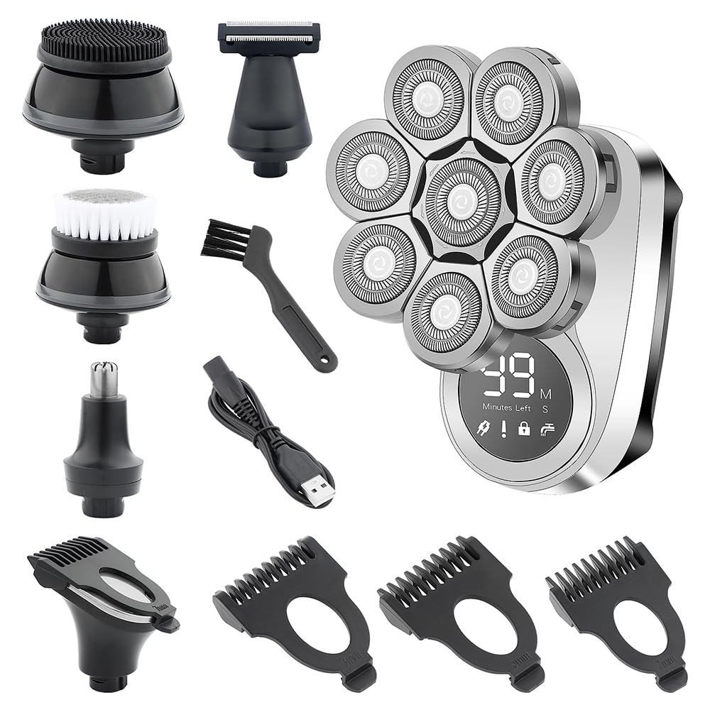 6-in-1 USB Rechargeable Electric Head Shaver for Bald Men - Wet/Dry LED Display Cordless Grooming Kit with Nose Hair Trimmer - Fast Charging for Smooth Shaving at Home, Gym or Travel