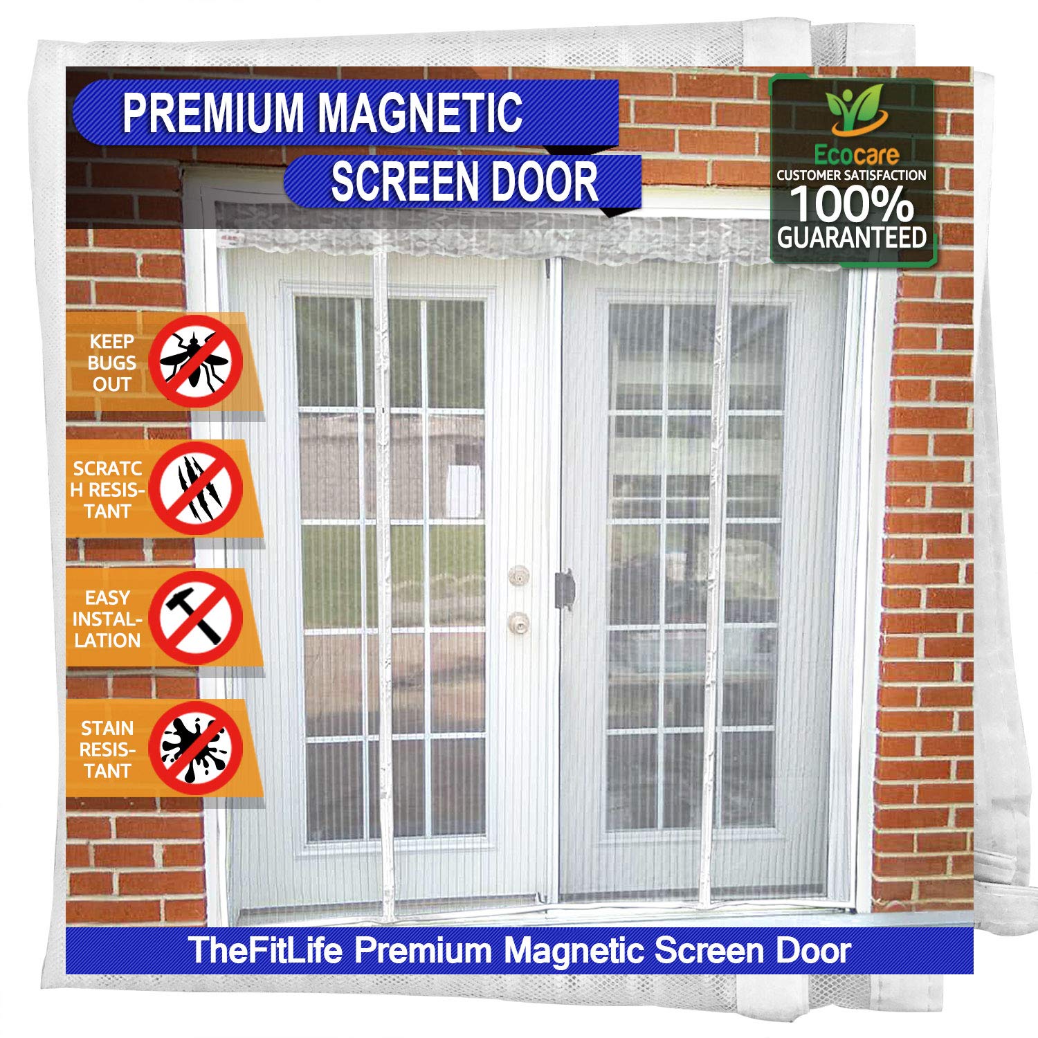 TheFitLife Double Door Magnetic Screen - Heavy Duty Mesh Curtain with Full Frame Hook & Loop, Strong Magnets for Automatic Closure - Fits Doors up to 72