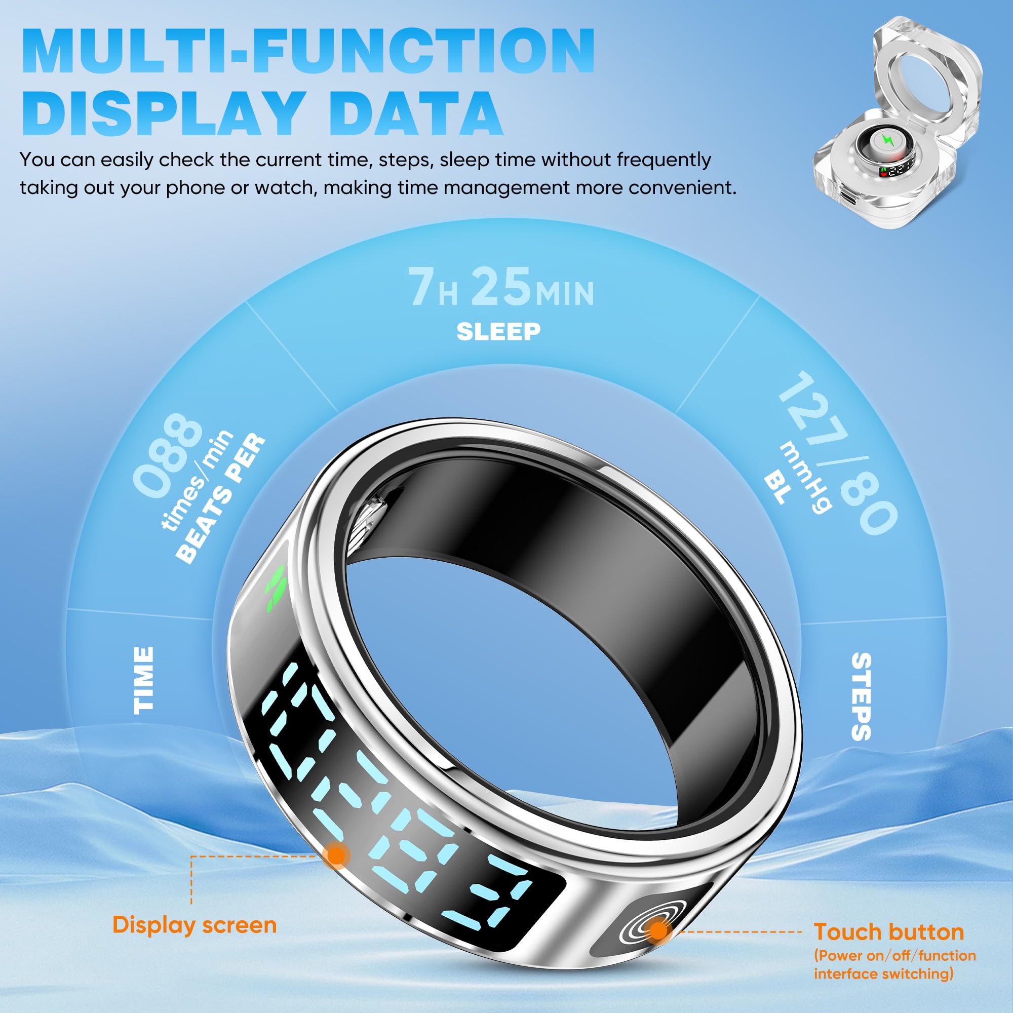 Smart Ring with LED Display - Track Activity, Sleep & Steps - Bluetooth Connected - IP68 Waterproof Fitness Tracker for iPhone & Android - Perfect for Workouts, Sleep Monitoring & Daily Health Tracking (Silver Size 10)