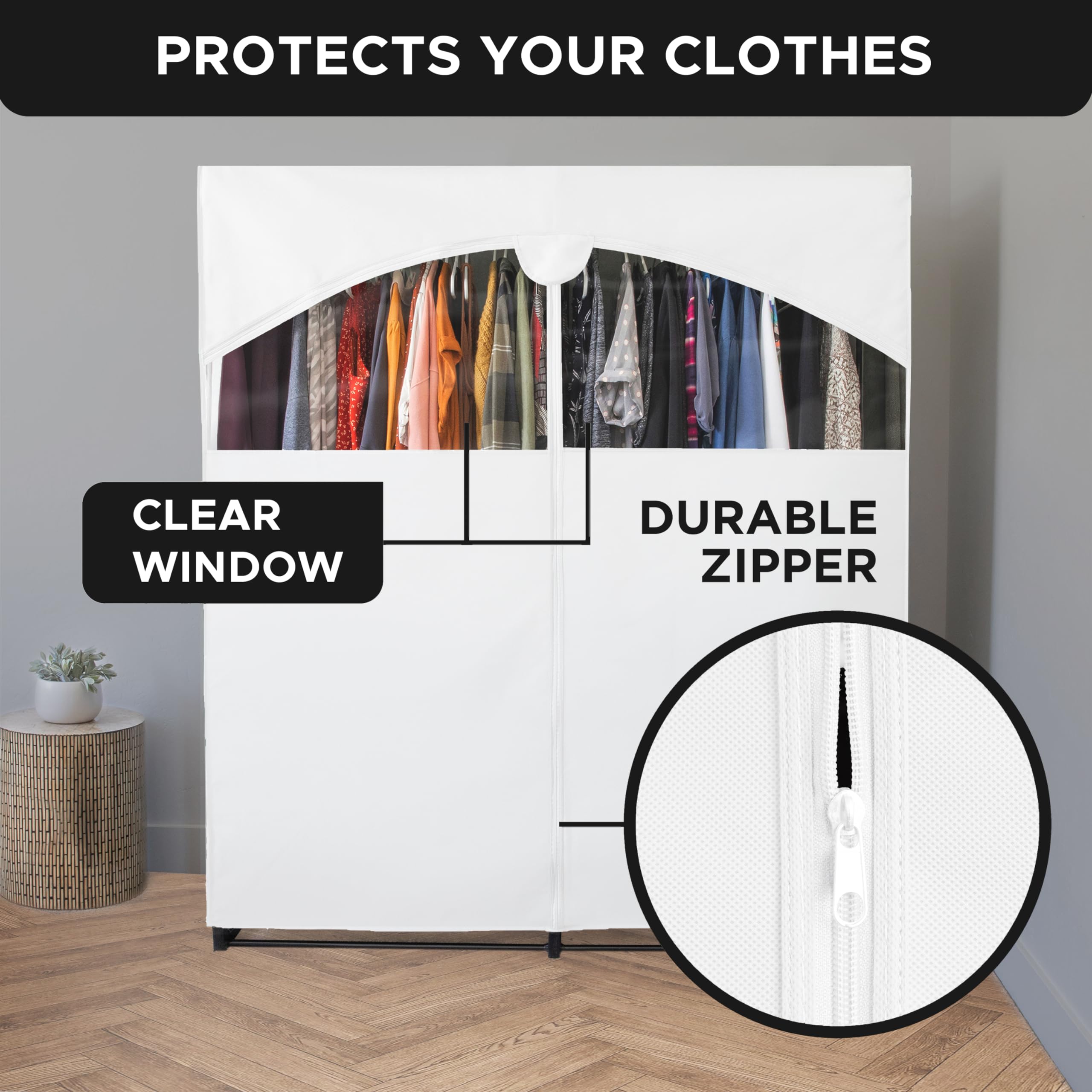 Premium Heavy Duty Portable Wardrobe Closet with Metal Hanging Rod & White Cover - 50 Lb Capacity - Easy No-Tool Assembly for Travel, Camping & Temporary Storage