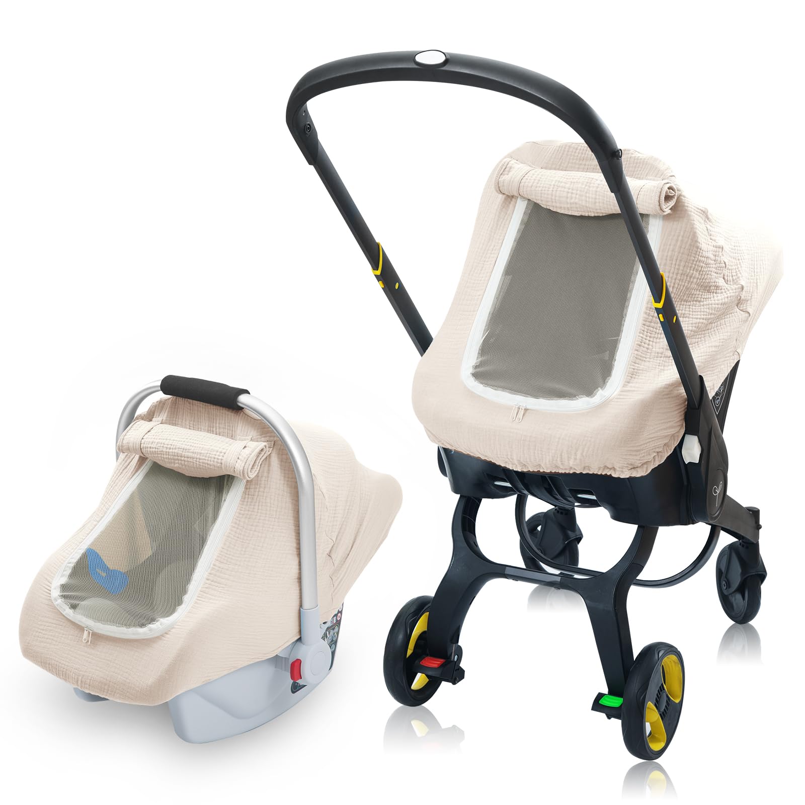 3 Layer Muslin Baby Car Seat Cover with Mesh Peek Window - Breathable Infant Car Seat Canopy for Winter - Windproof & Sun Protective Carrier Cover for Stroller - Perfect for Newborns, Travel & Outdoor Protection