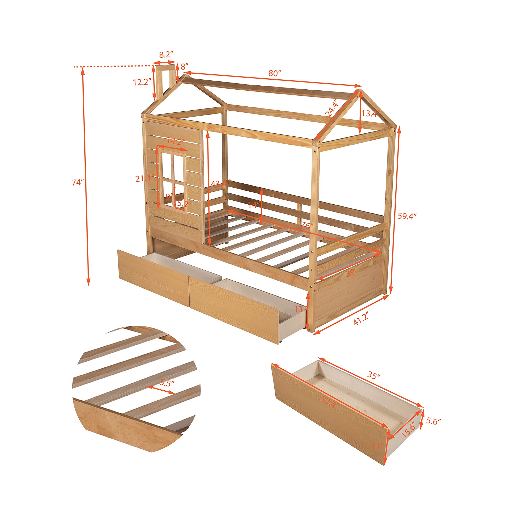 Quarte House Bed Low Daybed for Kids - Twin Size Wood Floor Bed Frame with 2 Drawers & Window - No Box Spring Needed (Walnut) - Perfect for Small Bedrooms, Playrooms & Montessori Spaces