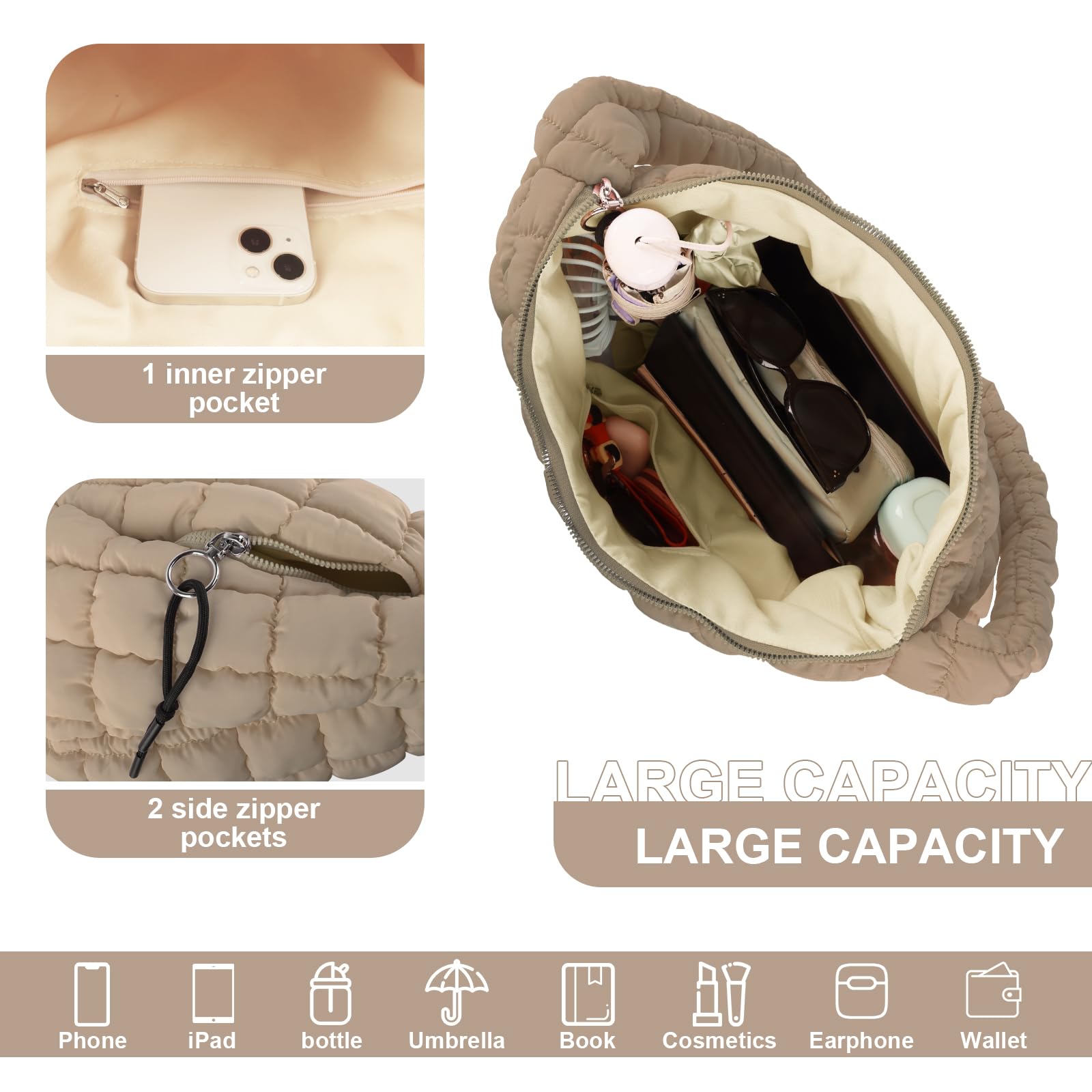 Quilted Puffer Tote Bag for Women - Lightweight Nylon Crossbody Shoulder Purse, Stylish Puffy Hobo Carryall Handbag | Perfect for Work, Travel & Daily Use