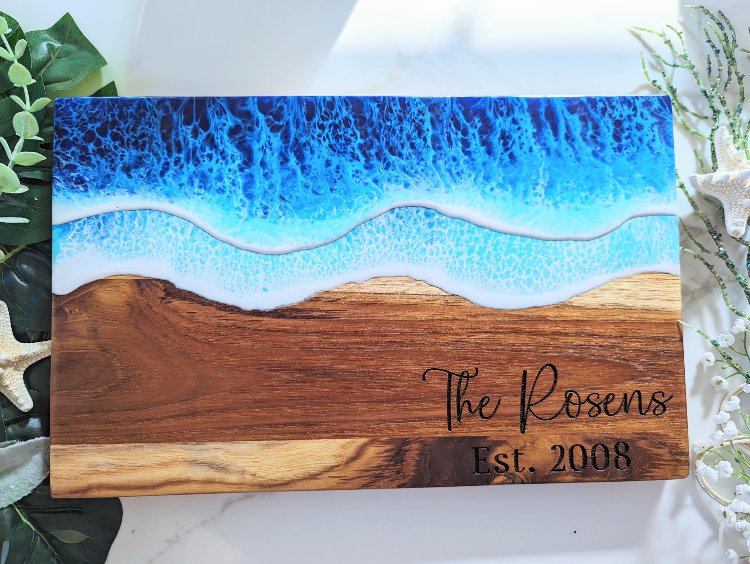Custom Laser Engraved Epoxy Ocean Cutting Boards - Personalized Wedding, Anniversary & Housewarming Gifts - Unique Coastal Beach Home Decor for Kitchen & Dining Room