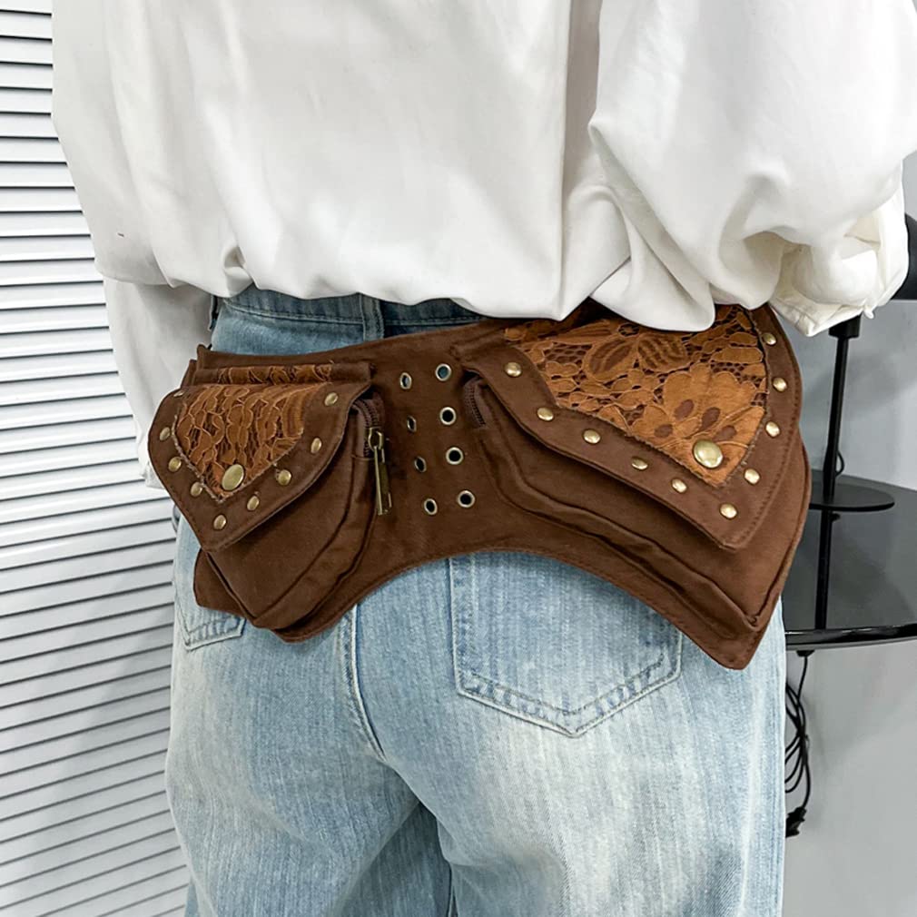 **KPYWZER Women's Cotton Fanny Pack - Lace Waist Bag for Renaissance Faire, Festival, Travel, Workout & Outdoor Activities - Brown Hip Belt Money Pouch for Daily Use**