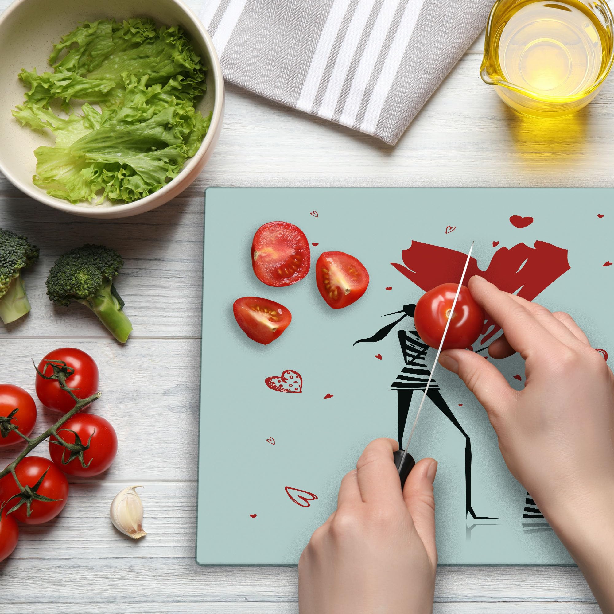 Lunarable Fashion Cutting Board - Urban Lady with High Heels & Giant Valentine's Day Heart Print, Tempered Glass Serving Board for Kitchen & Dining Decor (Large, White/Black/Red) - Perfect for Valentine's Gifts, Romantic Dinners & Home Decor
