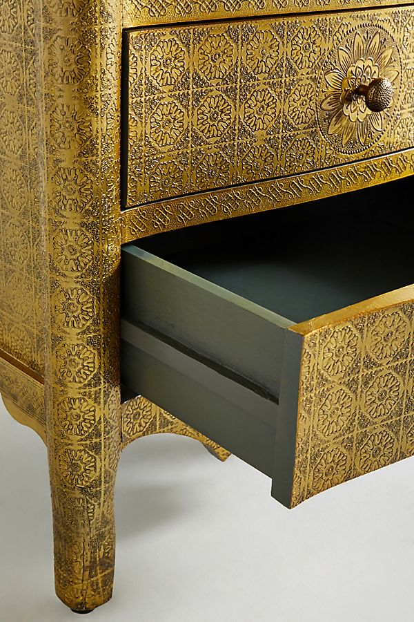 Hand Embossed Nightstand with 3 Drawers - Golden Metal Lamp Stand for Bedroom, Living Room & Office | Vintage Style Bedside Table with Storage Space