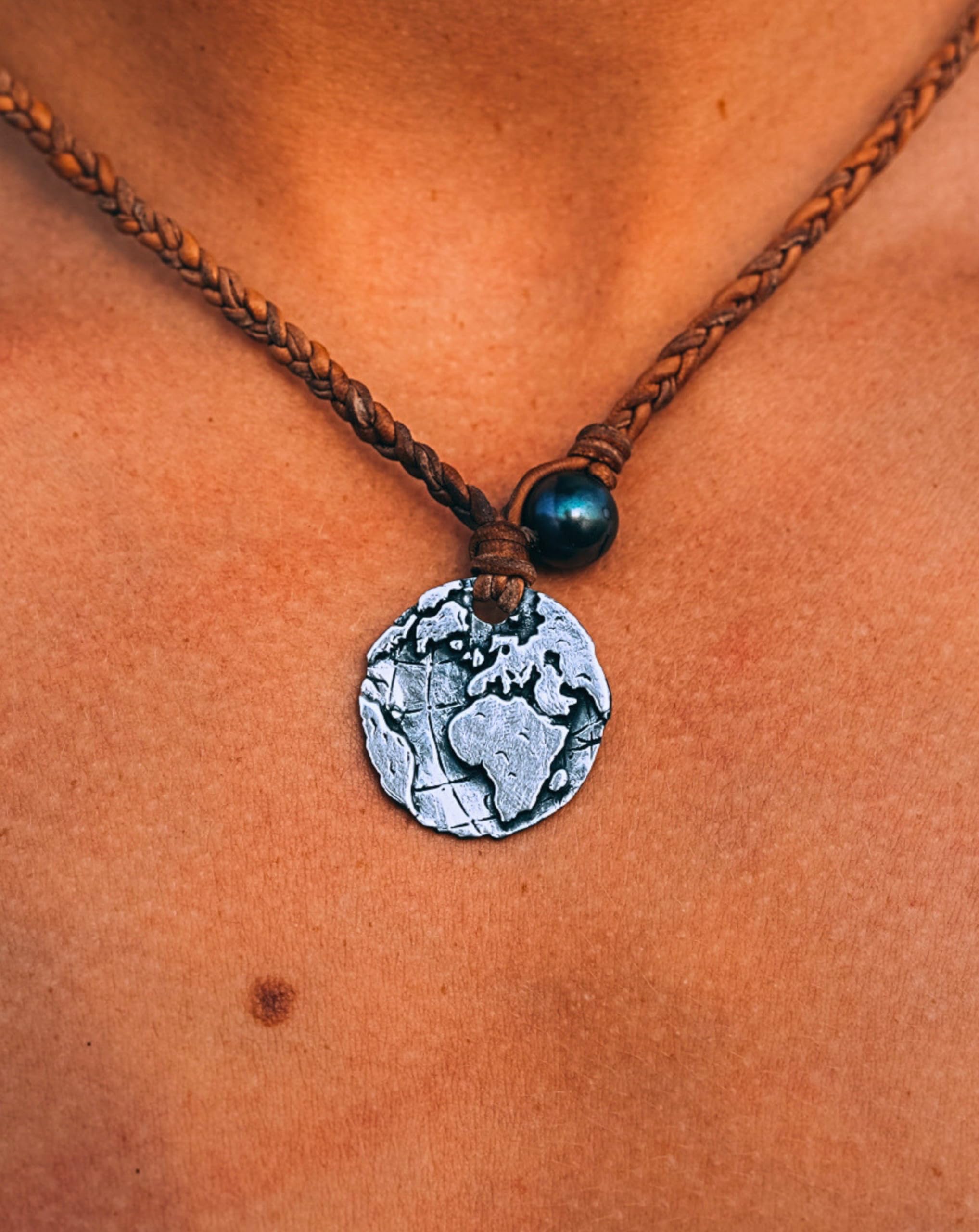 925 Sterling Silver Coin Necklace with Authentic Leather Cord - Adjustable Handmade Spanish Cross Design Pendant for Men & Women - Perfect Jewelry Gift for Holidays & Special Occasions (Globe Coin)