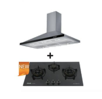 Ellane EH 6180 90cm Stainless Steel Range Hood with Chimney + Ellane WG 830SV 87cm 3-Burner Tempered Glass Gas Cooktop with Safety Features - Perfect for Modern Kitchen Ventilation and Cooking