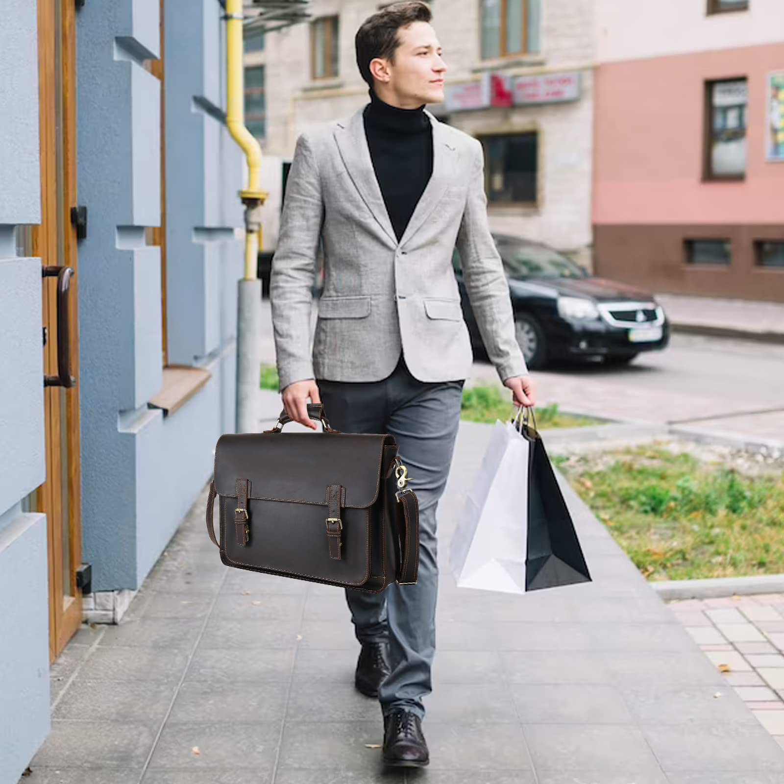 Premium Full Grain Leather Briefcase for Men - Durable Business Messenger Bag for Work, Office & Travel - Professional Laptop Bag with Adjustable Strap