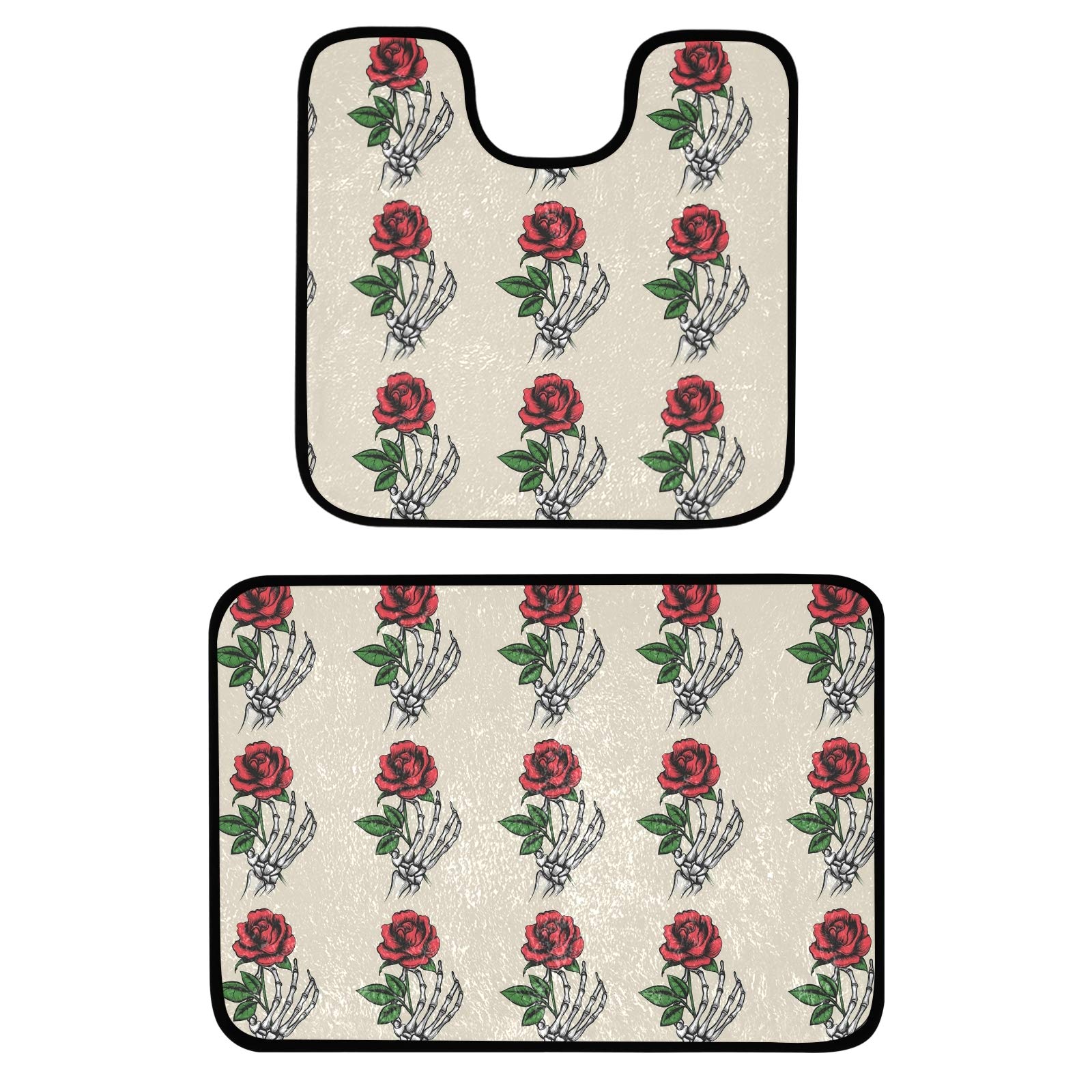 2-Piece Microfiber Plush Absorbent Bath Mat Set with Red Roses - Non-Slip Shower Rug & U-Shaped Toilet Mat for Bathroom Safety & Comfort - Perfect for Modern Bathrooms & Spa-Like Showers