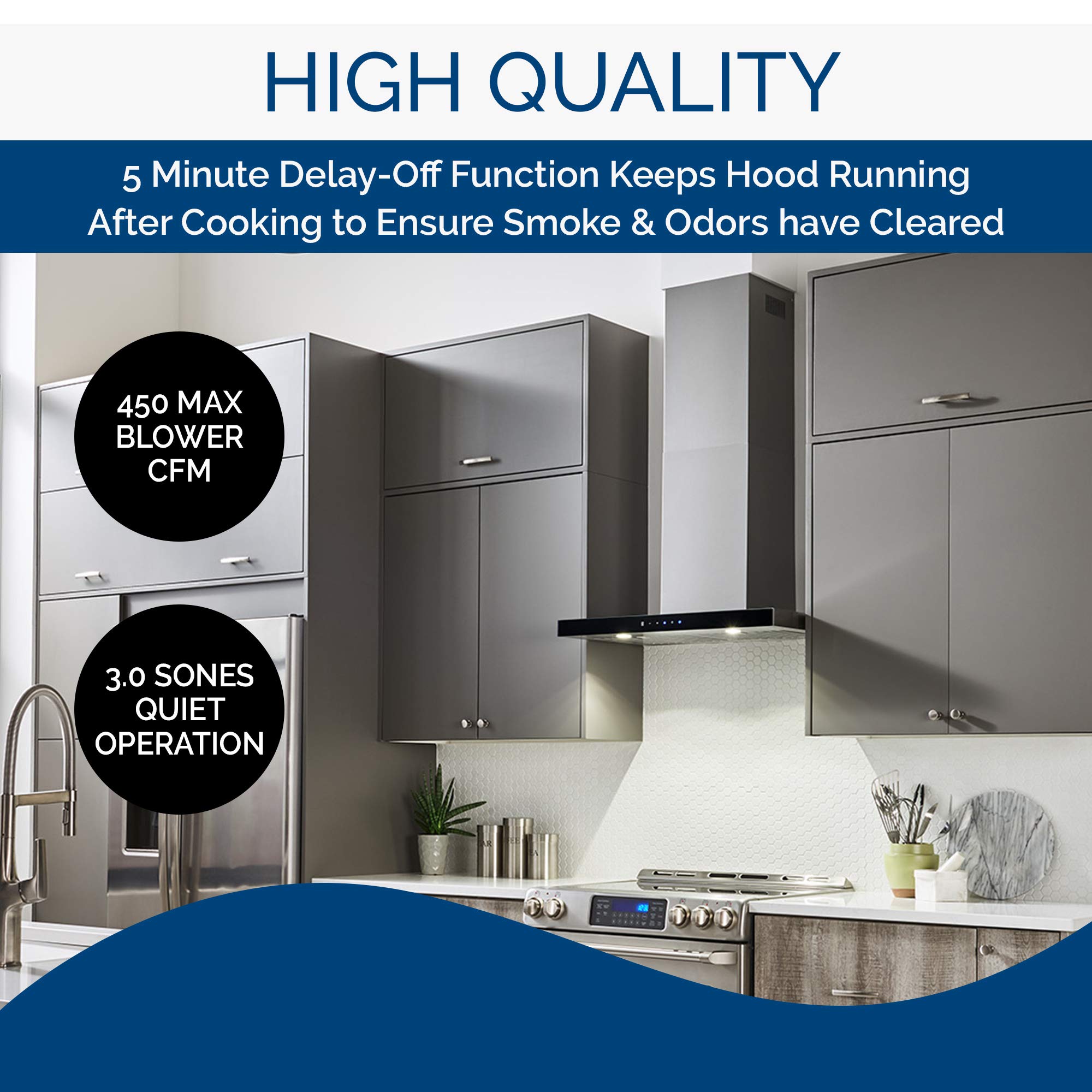 Broan-NuTone BWT2304SSB Stainless Steel Black Glass Convertible Wall-Mount LED Range Hood with T-Style Chimney - Perfect for Modern Kitchen Ventilation & Smoke Removal
