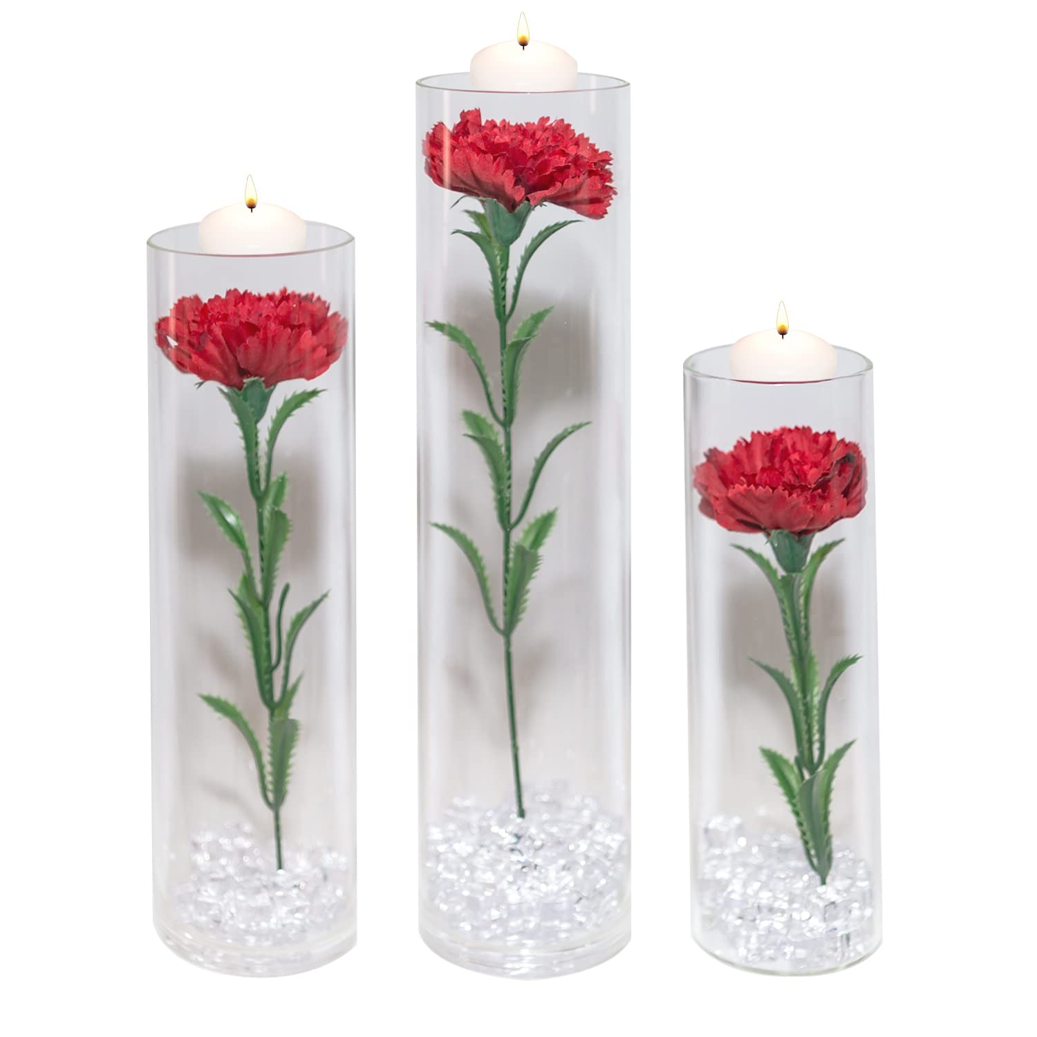 Artificial Silk Dianthus Flowers with Soy Wax Candles, Water Beads & Fake Ice Cubes - Wedding Centerpiece, Party Decor, Home Bar, Restaurant Table Setting, Festival Decoration (Red) - Perfect for Romantic Dinners, Bridal Showers & Holiday Celebrations