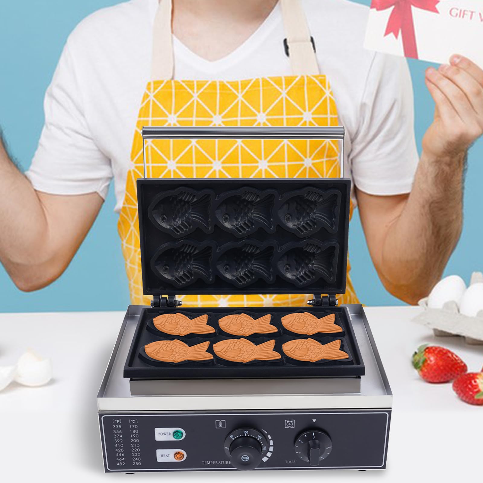Japanese Taiyaki Waffle Maker - Fish-Shaped Nonstick Electric Waffle Iron 1550W 110V with 6 Closed-Mouth Molds for Home & Commercial Use - Perfect for Breakfast, Desserts, Street Food & Party Snacks