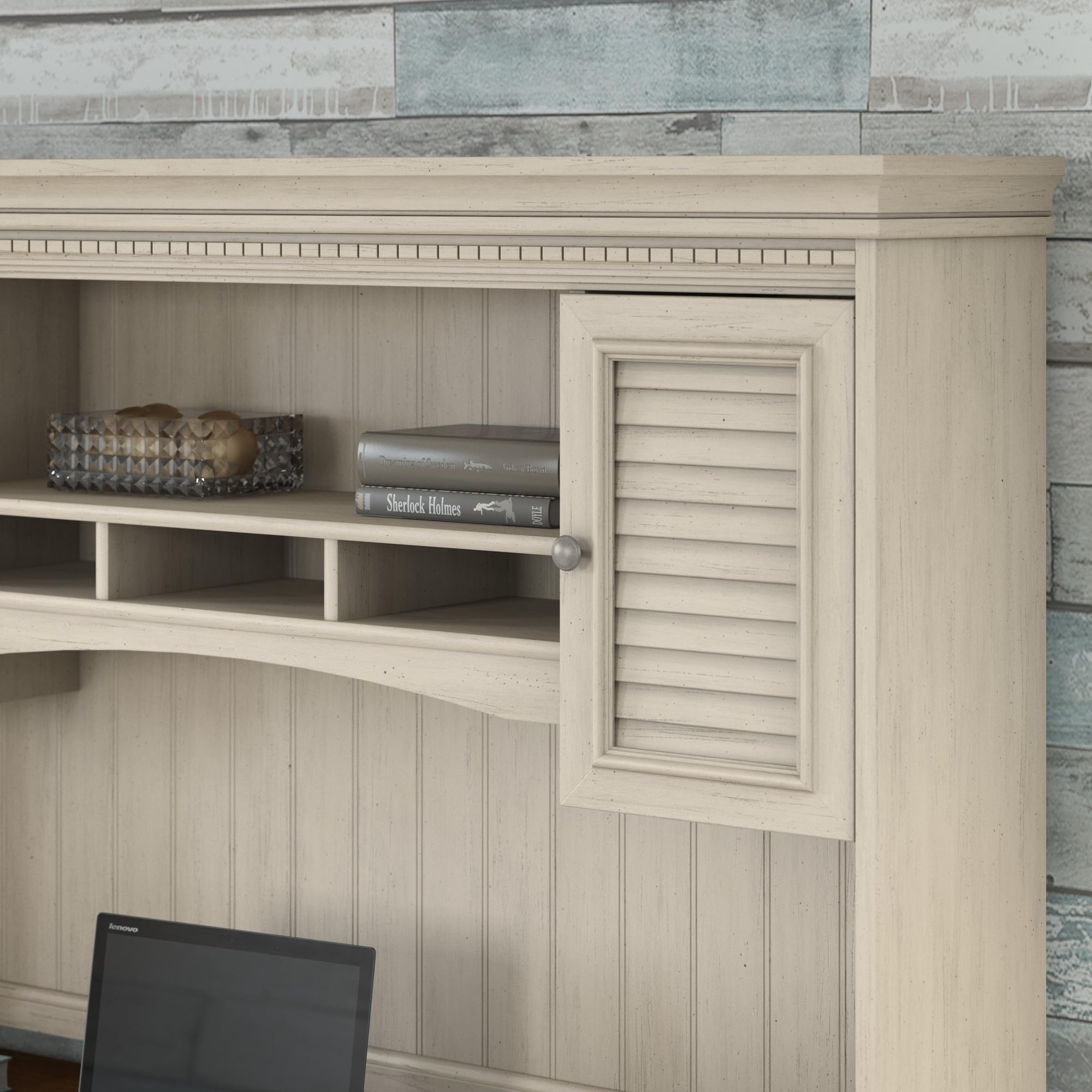 Bush Furniture Fairview 60W L-Shaped Desk Hutch in Antique White - Home Office Storage with Shelves & Cabinets | Perfect for Organizing Files, Books, and Office Supplies in Small Workspaces