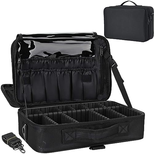 Portable 29cm Cosmetic Organizer Bag with Adjustable Shoulder Strap - Multi-Compartment Travel Makeup Case for Women - Perfect for Home, Office & Vacation Gifts (Black)
