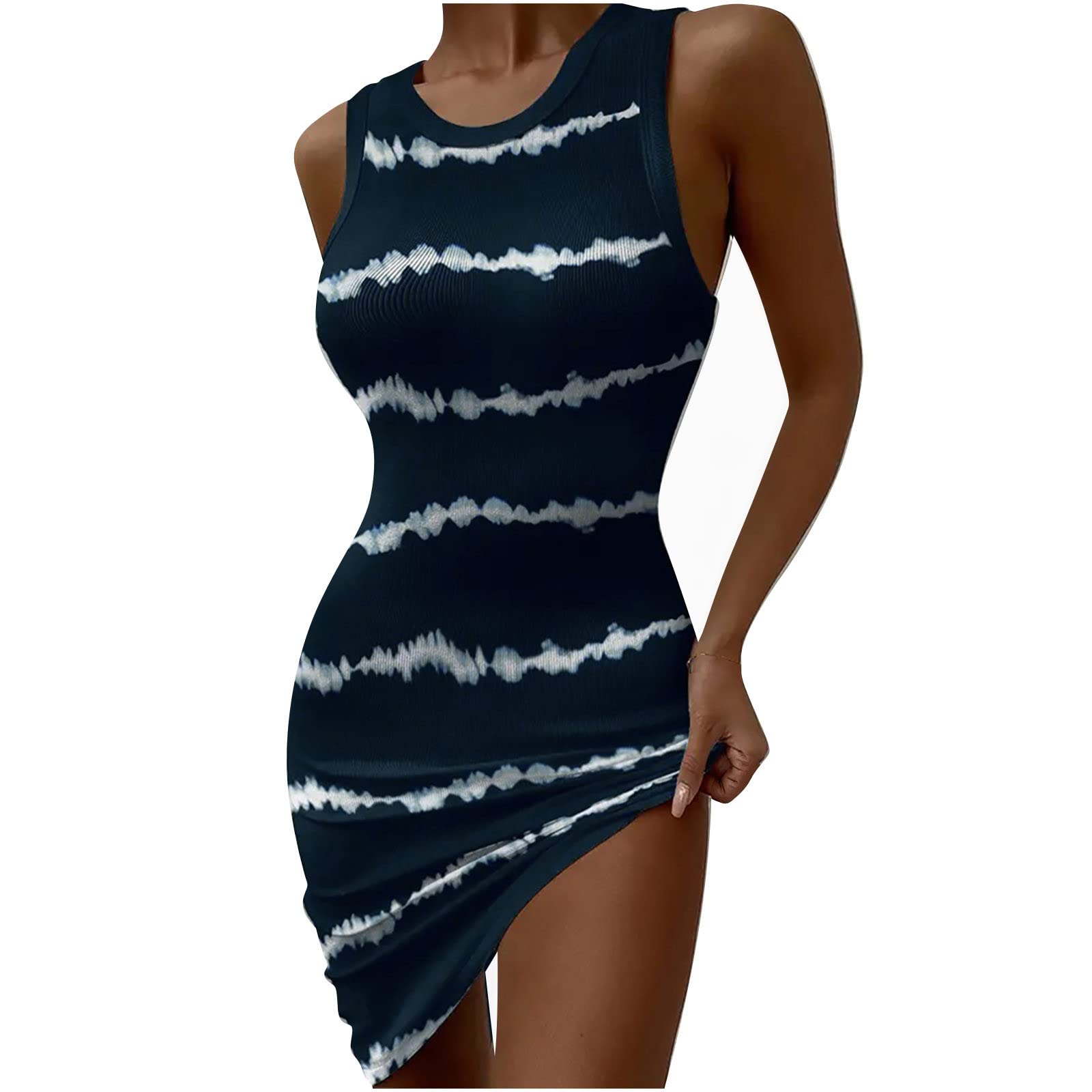 Women's Sexy Printed Slimming Sleeveless Ribbed Bodycon Tank Dress - Summer Round Neck Stretchy Party Clubwear & Casual Outfit