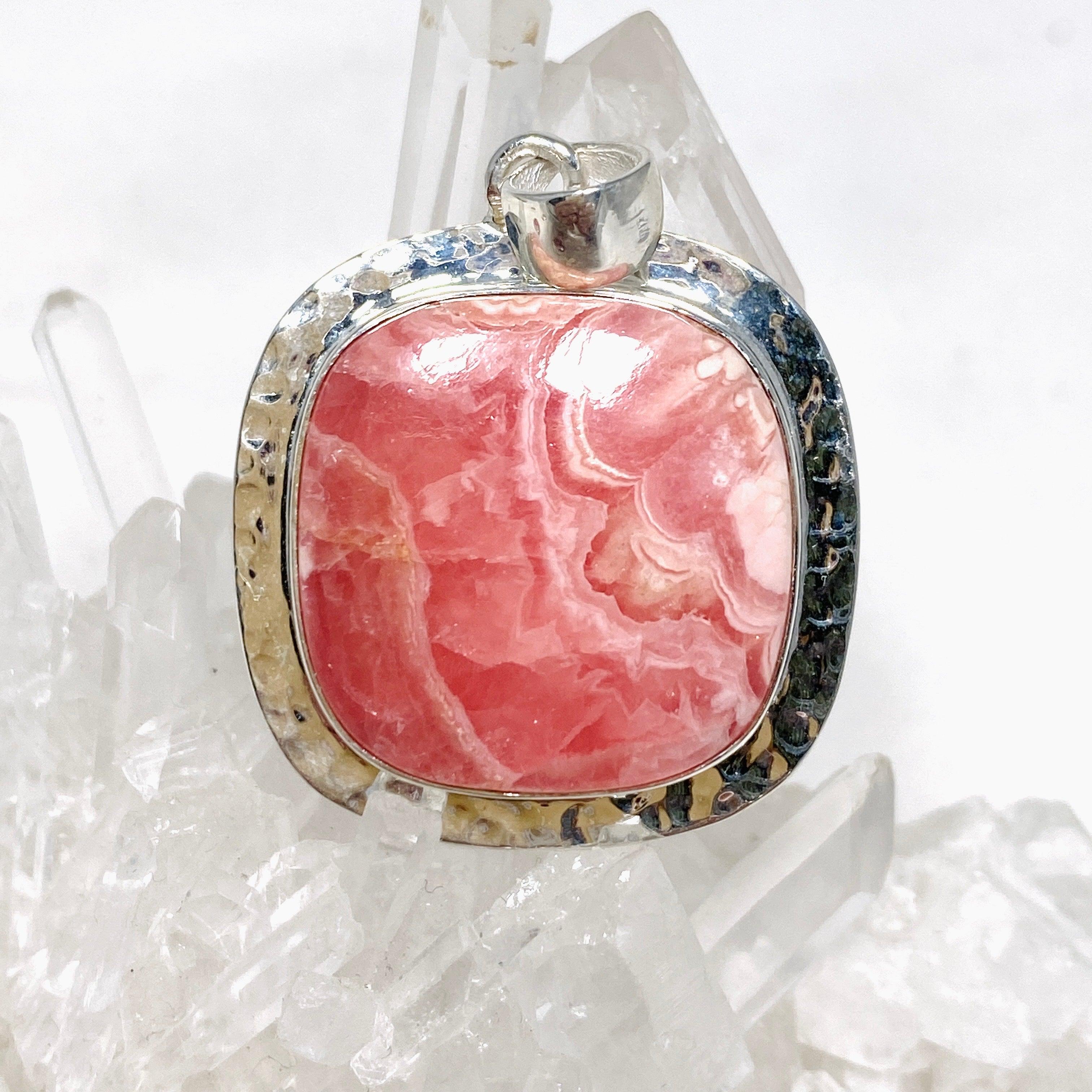 Rhodochrosite Square Pendant Necklace - Handcrafted Hammered Sterling Silver Jewelry KPGJ4323 | Perfect for Gift Giving, Date Nights & Special Occasions