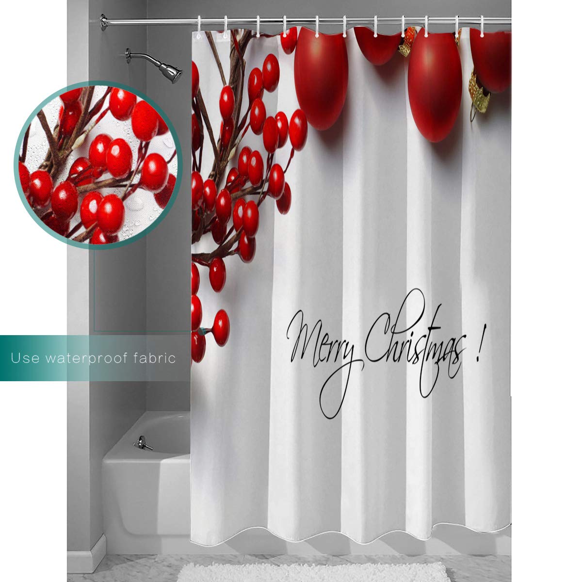 Waterproof Christmas Red Ball Shower Curtain Set with Hooks - 36x72 Inch Holiday Bathroom Decor for Bathtub & Shower - Perfect for Festive Home Decorations & Gift Giving