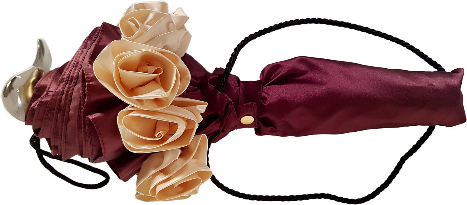 Elegant Burgundy Folding Umbrella with Frilly Trim - Compact Travel Parasol for Women, Perfect for Beach, Wedding & Outdoor Events