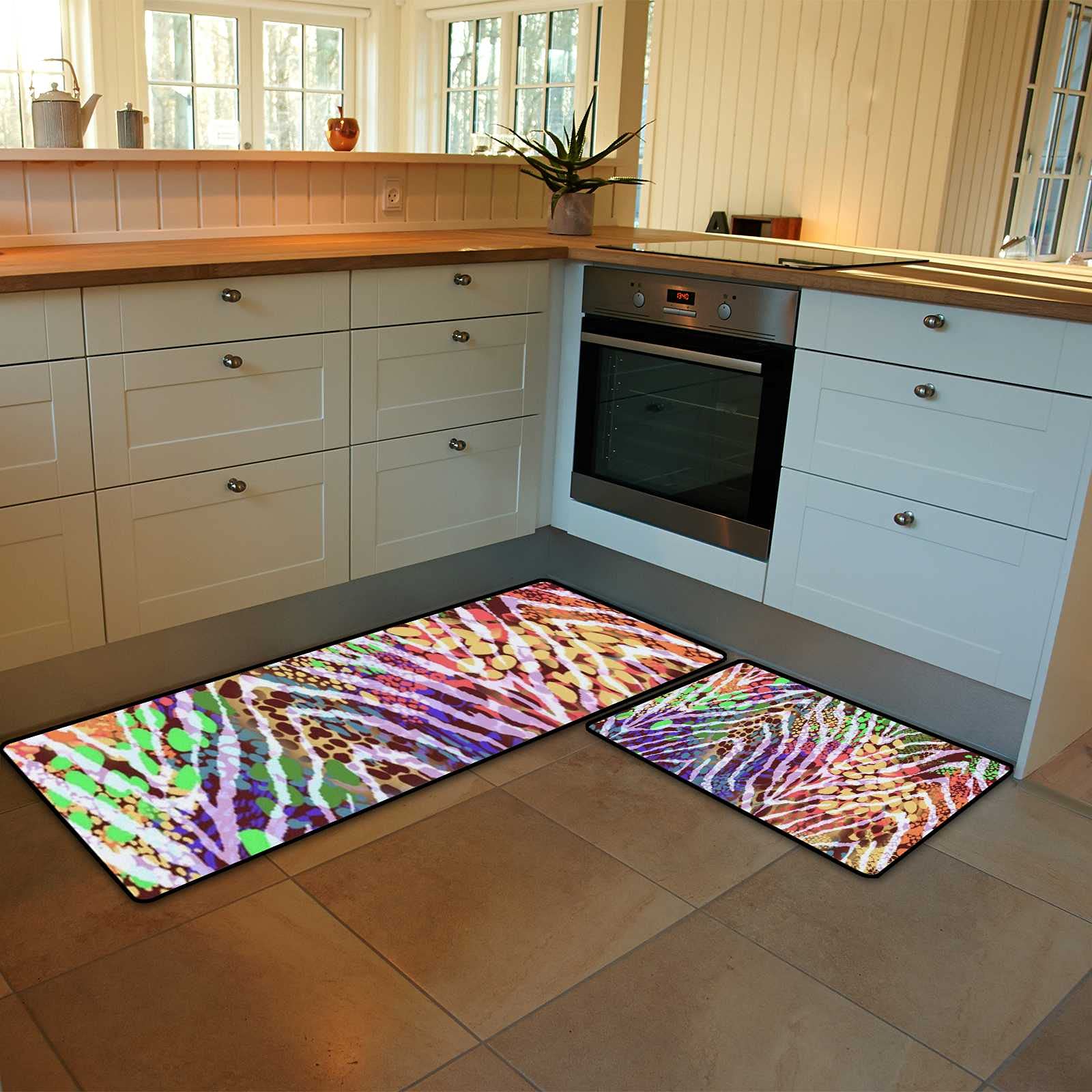 Non-Slip Zebra Print Kitchen Rugs Set - 2 Piece Soft Absorbent Coral Velvet Floor Mats (17.7x29.1Inch + 17.7x58.2Inch) - Washable Kitchen Runner for Sink Area & High Traffic Zones - Perfect for Modern Farmhouse & Contemporary Kitchens