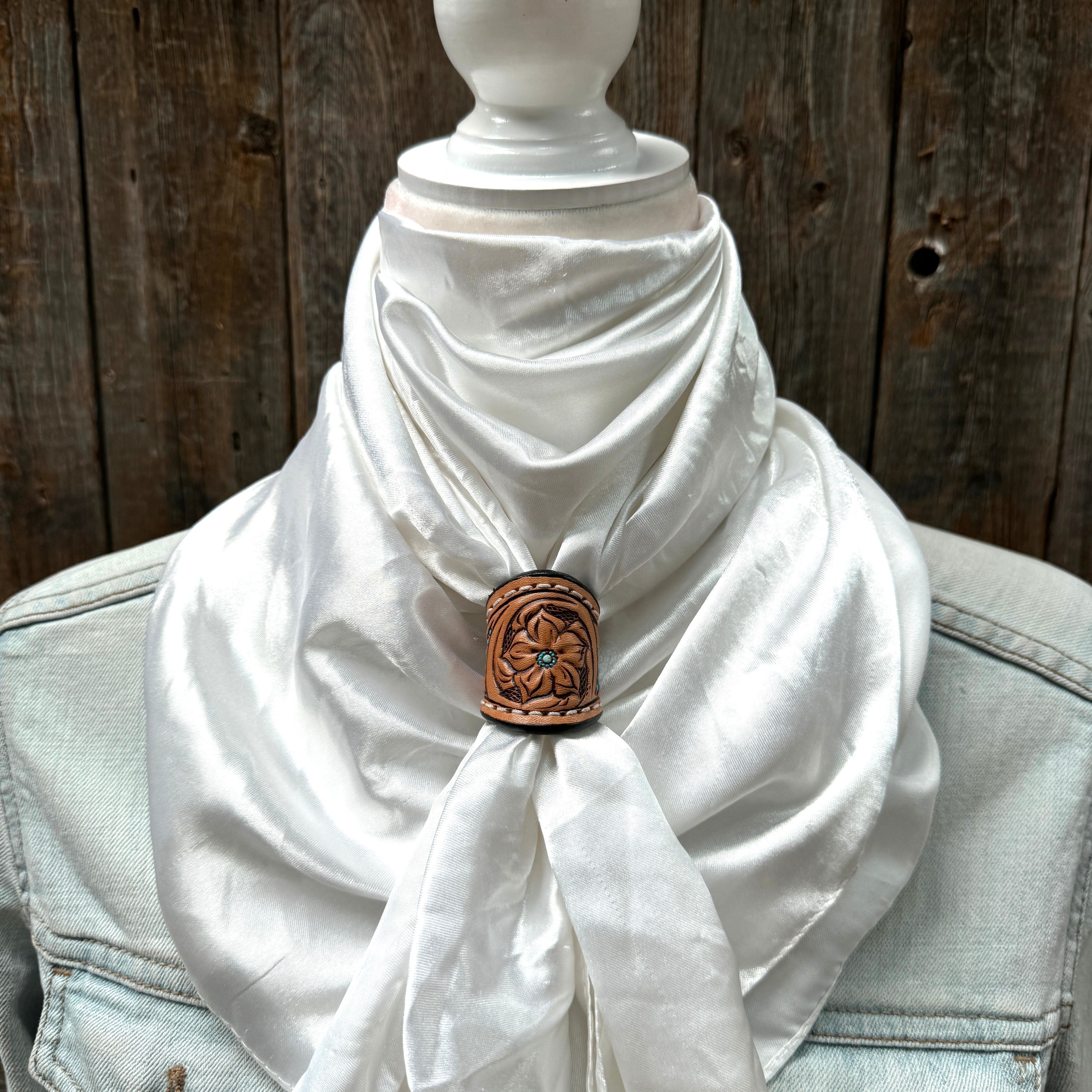 35x35 Inch Solid White Wild Rag Scarf with Tooled Leather Slides - Western Style Bandana for Cowboy, Cowgirl, and Outdoor Enthusiasts - Perfect for Rodeo, Horse Riding, and Country Fashion