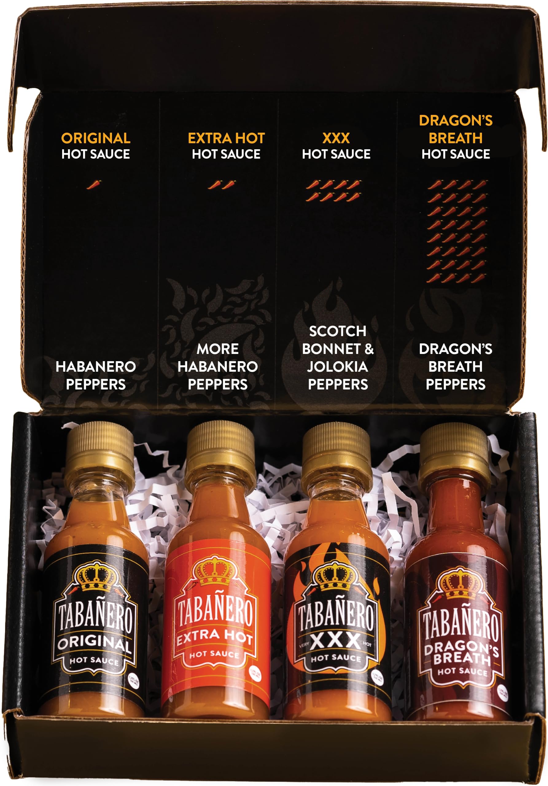 Tabañero Mini Hot Sauce Challenge Box - Original, Extra Hot, XXX Hot & Dragon’s Breath - 4-Pack (1.7 oz Bottles) - Gluten Free, All Natural, Low Sodium, Vegan, Kosher, Made in USA - Perfect for Spicy Food Lovers, Gifts & Hot Sauce Challenges