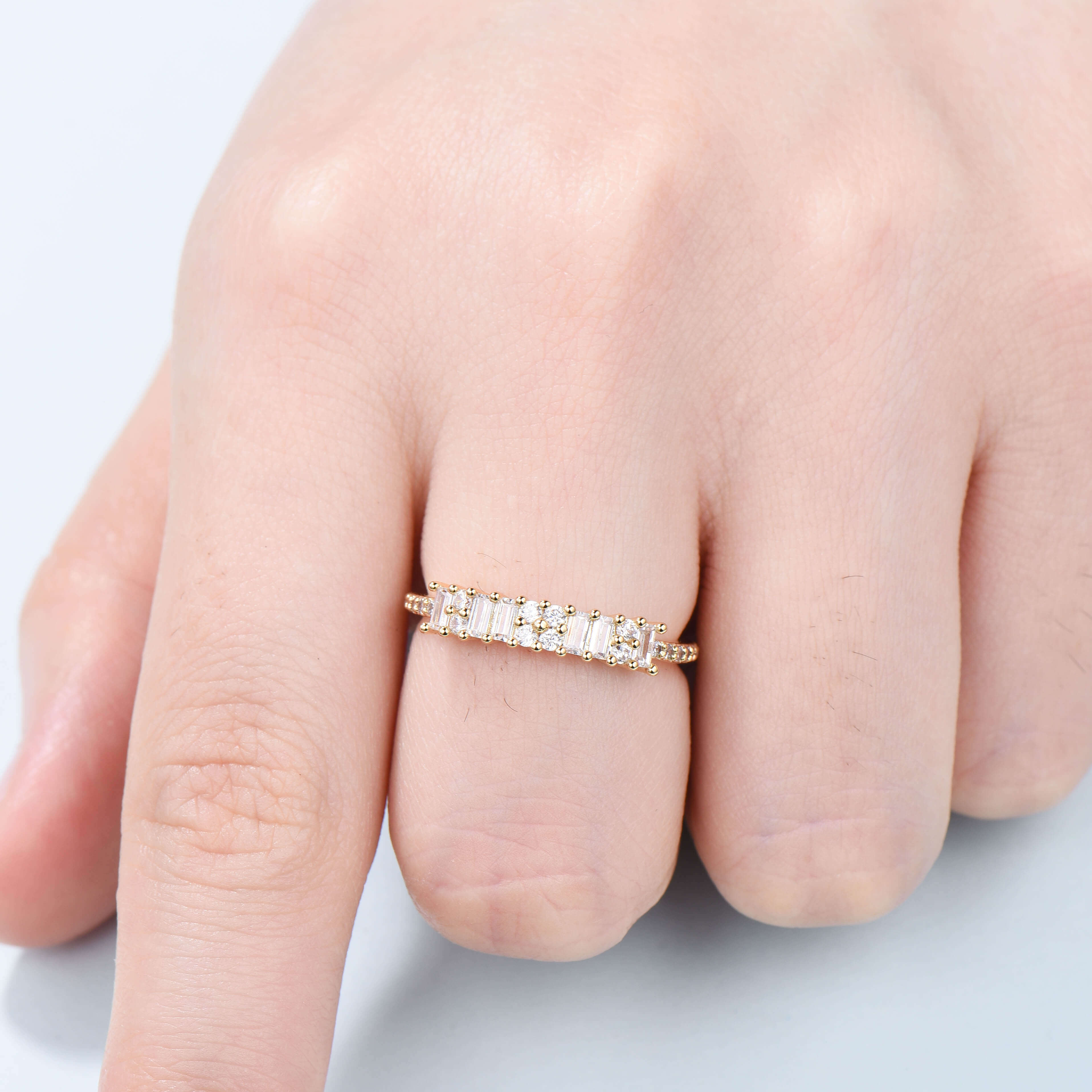 Baguette Cut Moissanite Wedding Ring - Unique Half Eternity Stackable Bridal Ring Set in Yellow Gold for Women | Anniversary Band, Engagement Jewelry Gift for Her | Perfect for Weddings, Proposals & Special Occasions