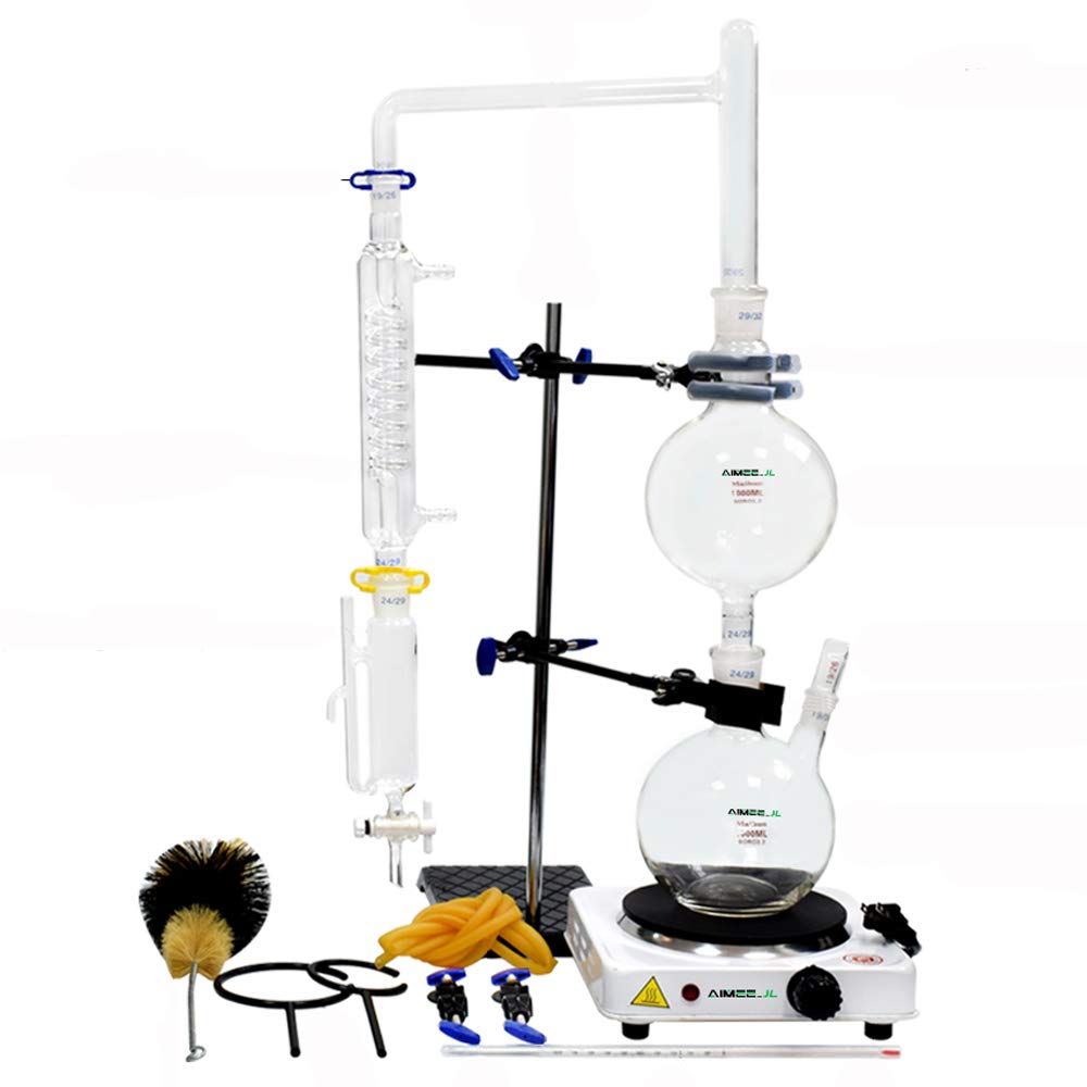 1000ml Essential Oil Distiller Kit - Glass Water Distillation Apparatus with Graham Condenser, Hot Stove & 24/40 Joint - Perfect for Hydrosol, Moonshine & Alcohol Extraction - Ideal for Home Labs, Aromatherapy & DIY Distilling Projects
